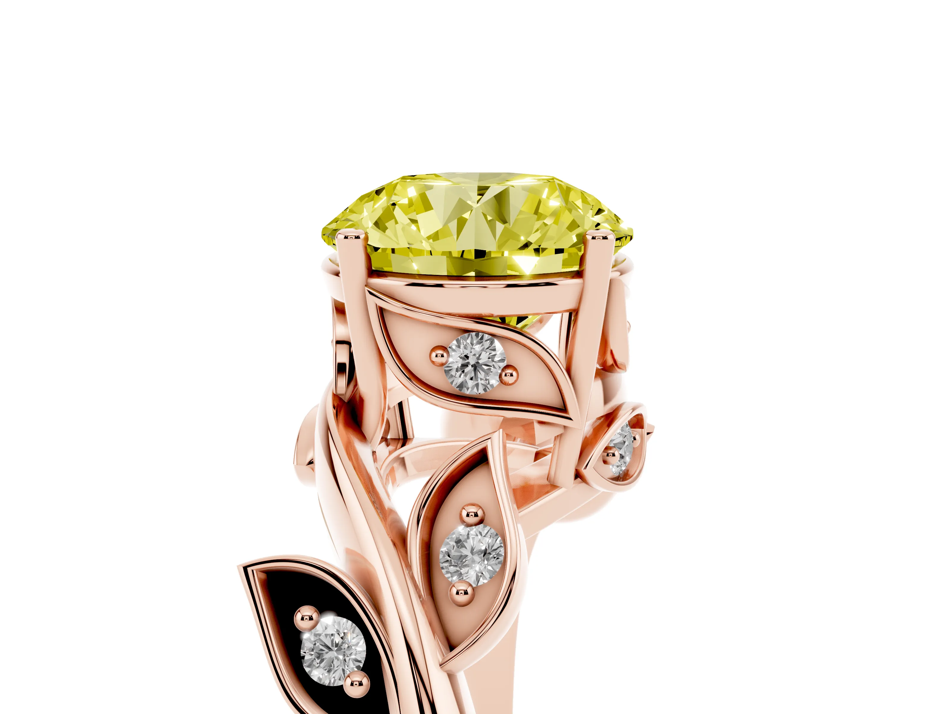 Fancy Yellow Round Cut Diamond Solitaire Twist Engagement Ring Set in Rose gold with Pavé Leaf Accents
