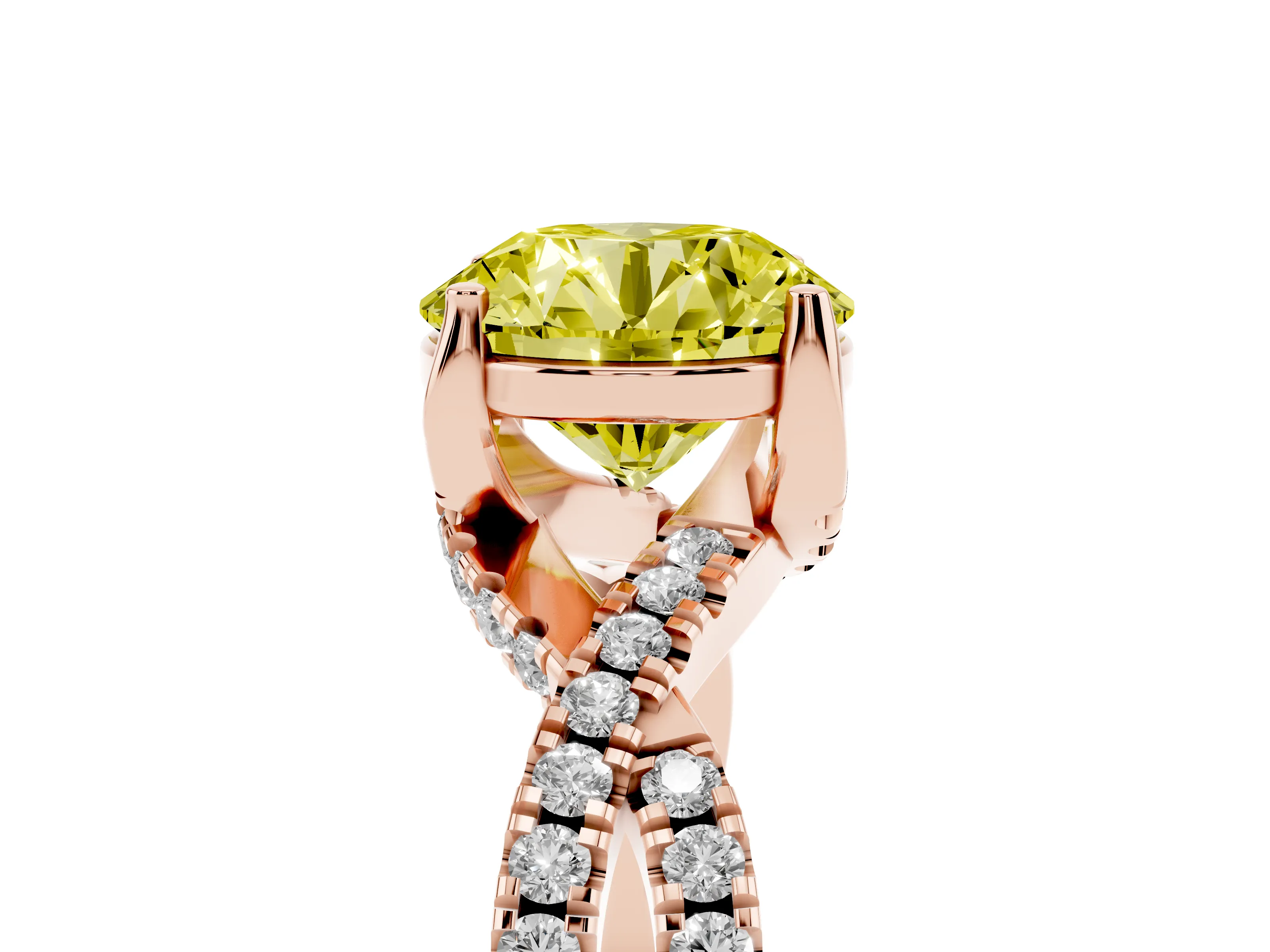Fancy Yellow Round Cut Diamond Twist Pavé Solitaire Engagement Ring Set in Rose gold with Prong Setting