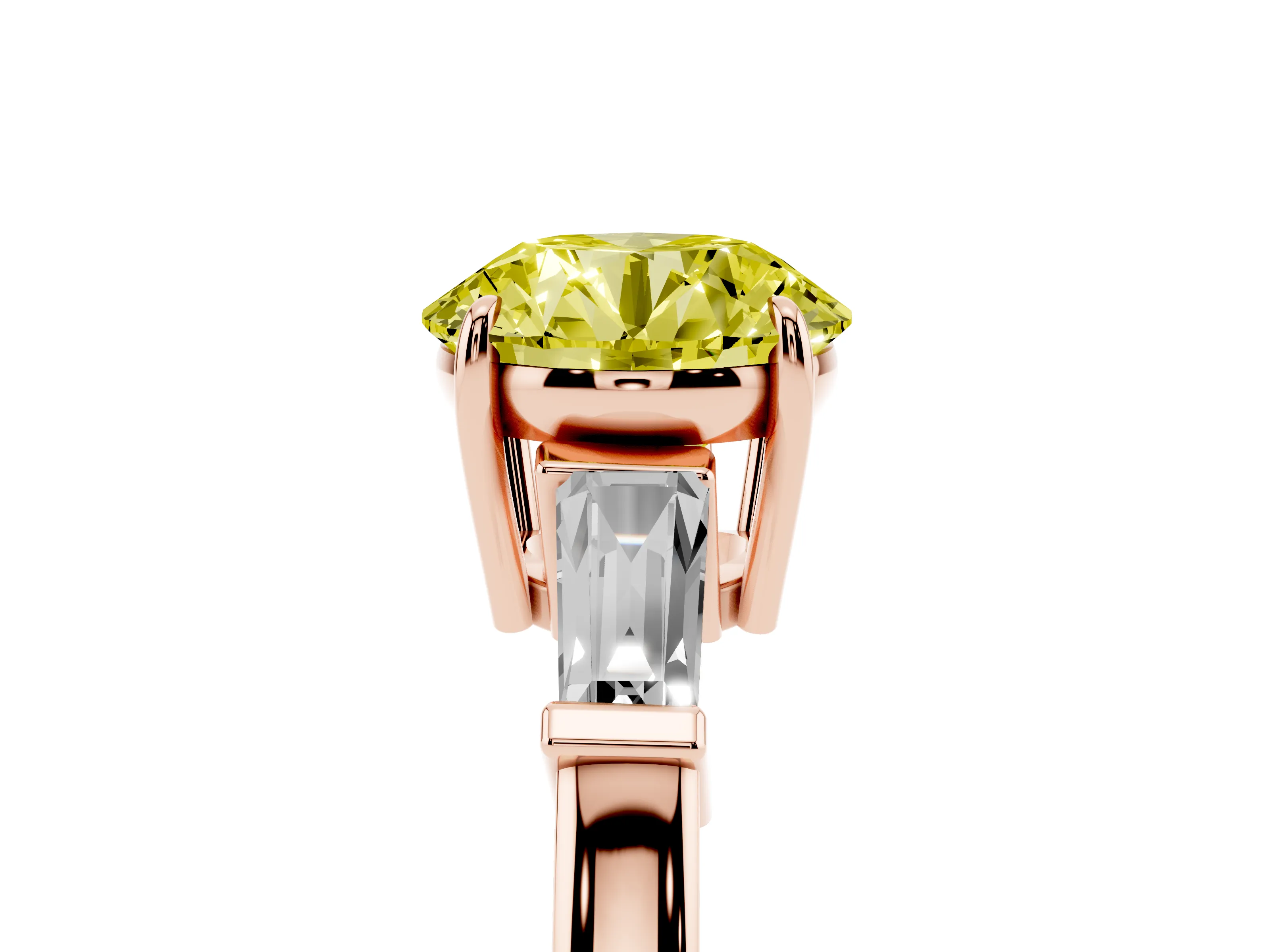 Fancy Yellow Round Cut Diamond Three-Stone Ring Set in Rose gold with Tapered Baguette Side Stones and Prong Setting