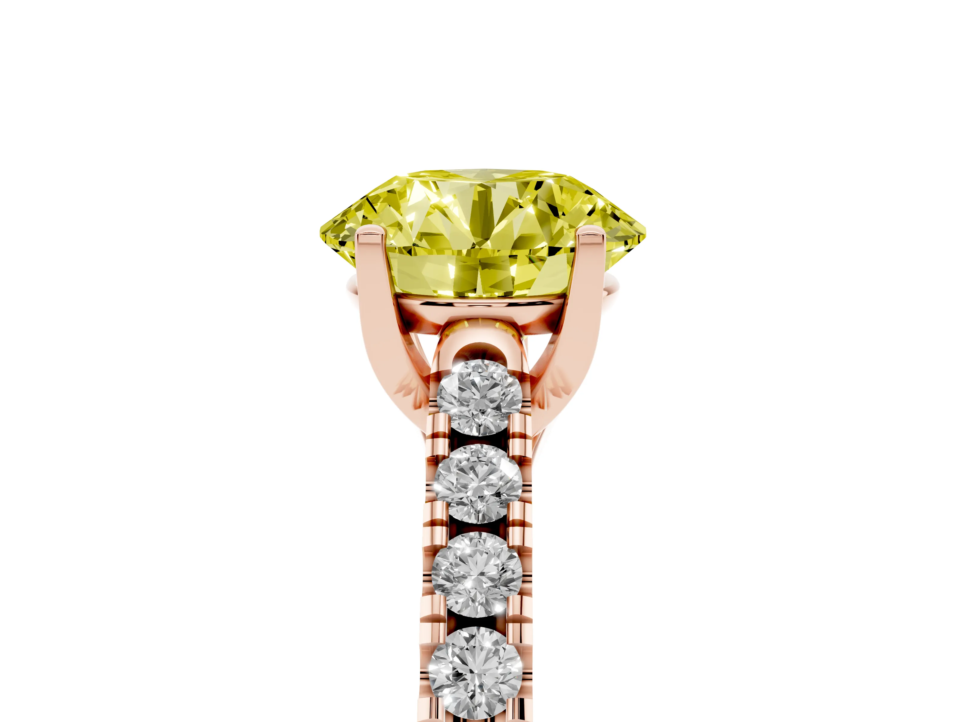 Fancy Yellow Round Cut Diamond Pavé Band Solitaire Ring Set in Rose gold with Partway Accent Stones and Prong Setting