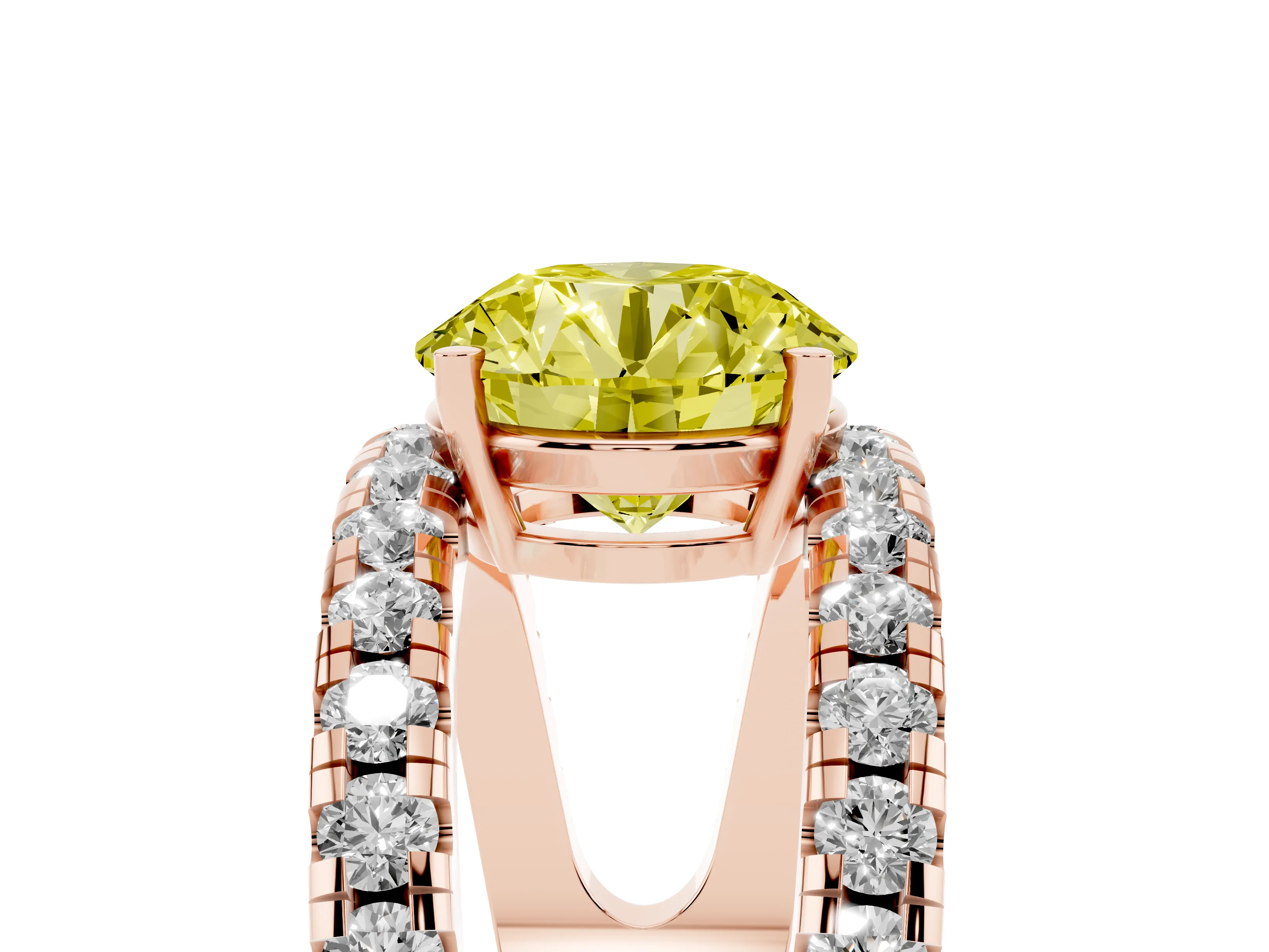 Fancy Yellow Round Cut Diamond Split Shank Pavé Solitaire Ring Set in Rose gold with Open Shank Design
