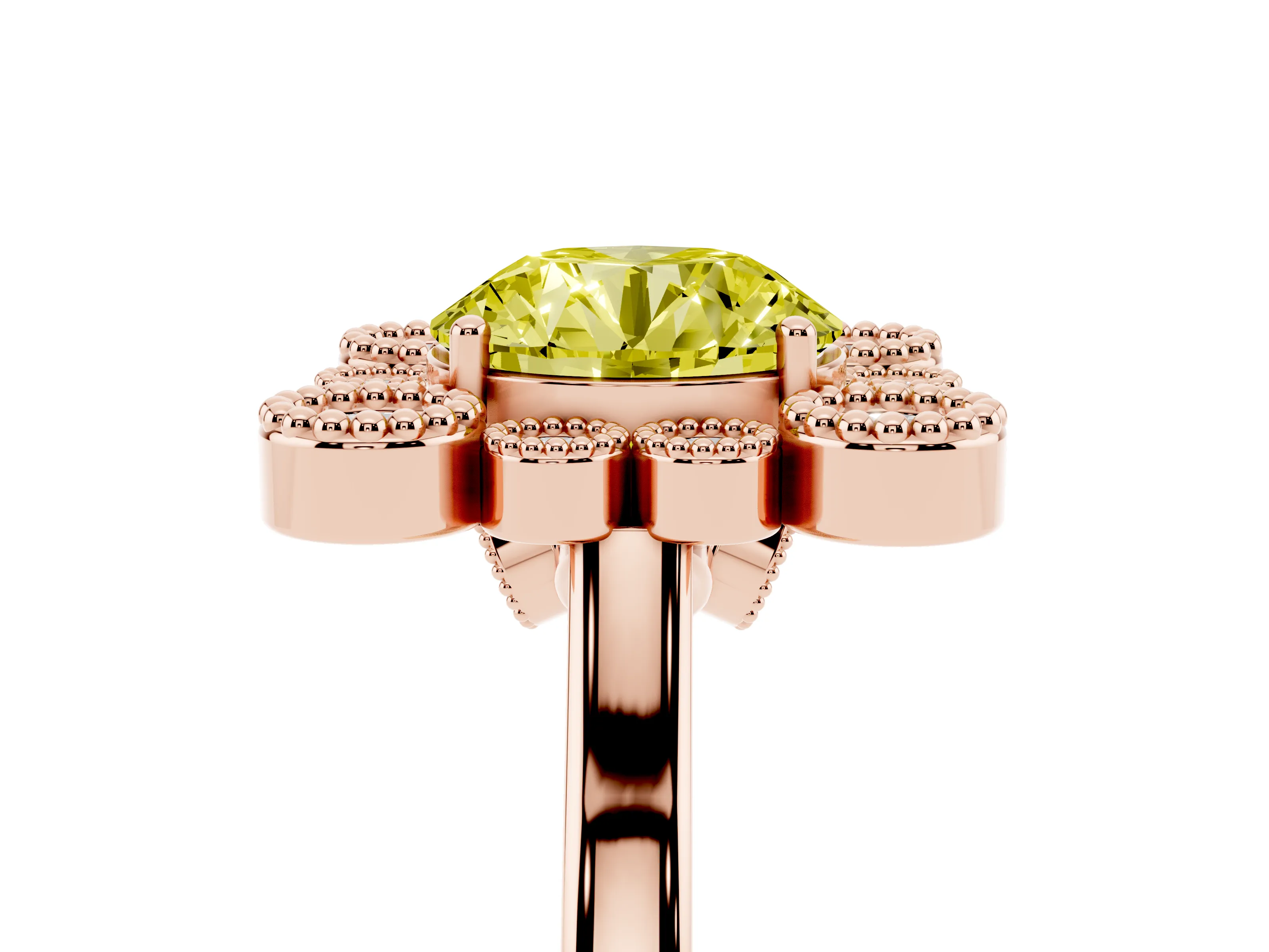 Fancy Yellow Round Cut Diamond Cluster Halo Ring Set in Rose gold with Milgrain Bezel Accents and Plain Band