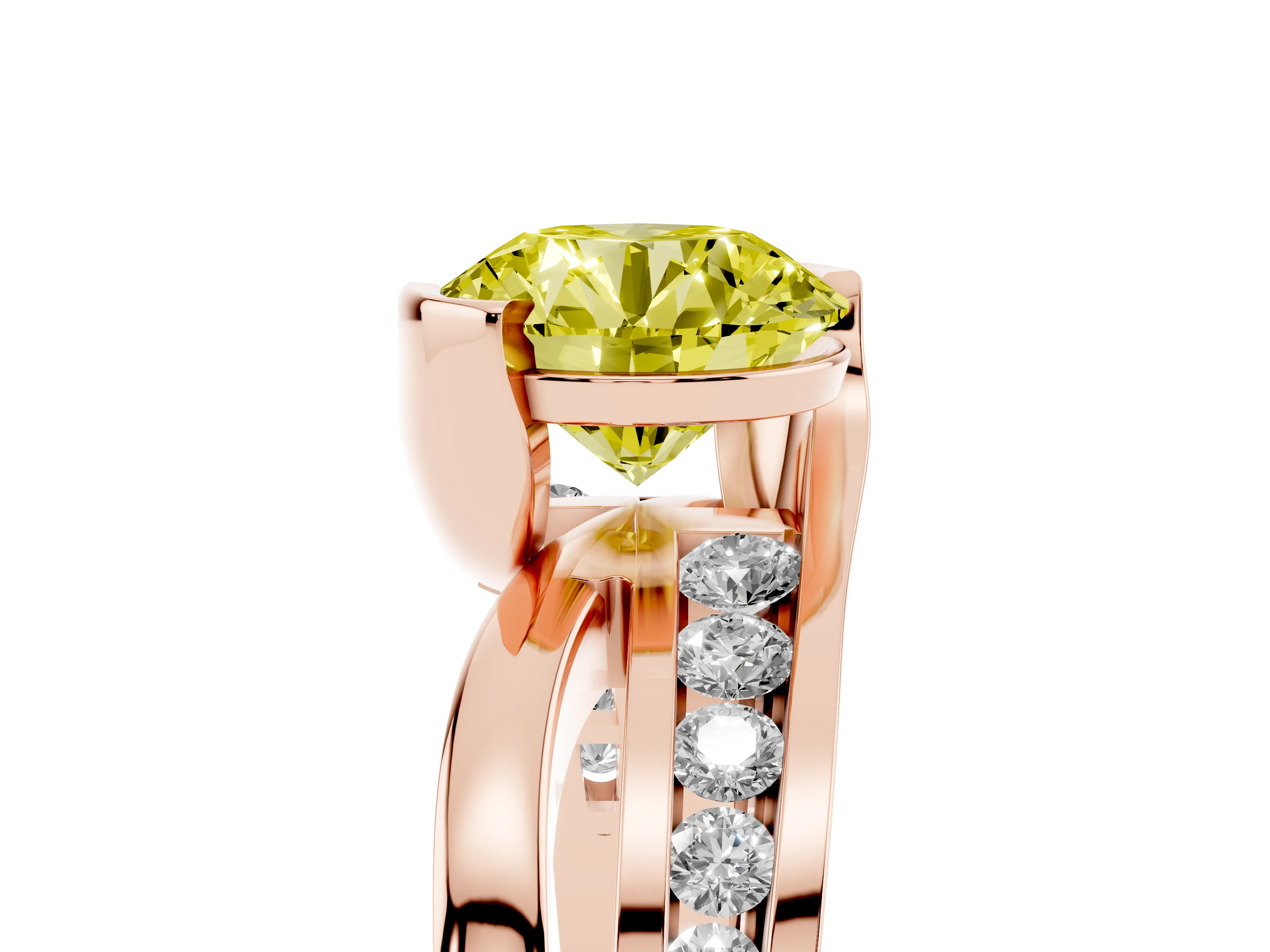 Fancy Yellow Round Cut Diamond Solitaire Ring Set in Rose gold with Channel Set Split Shank and Tension Prongs