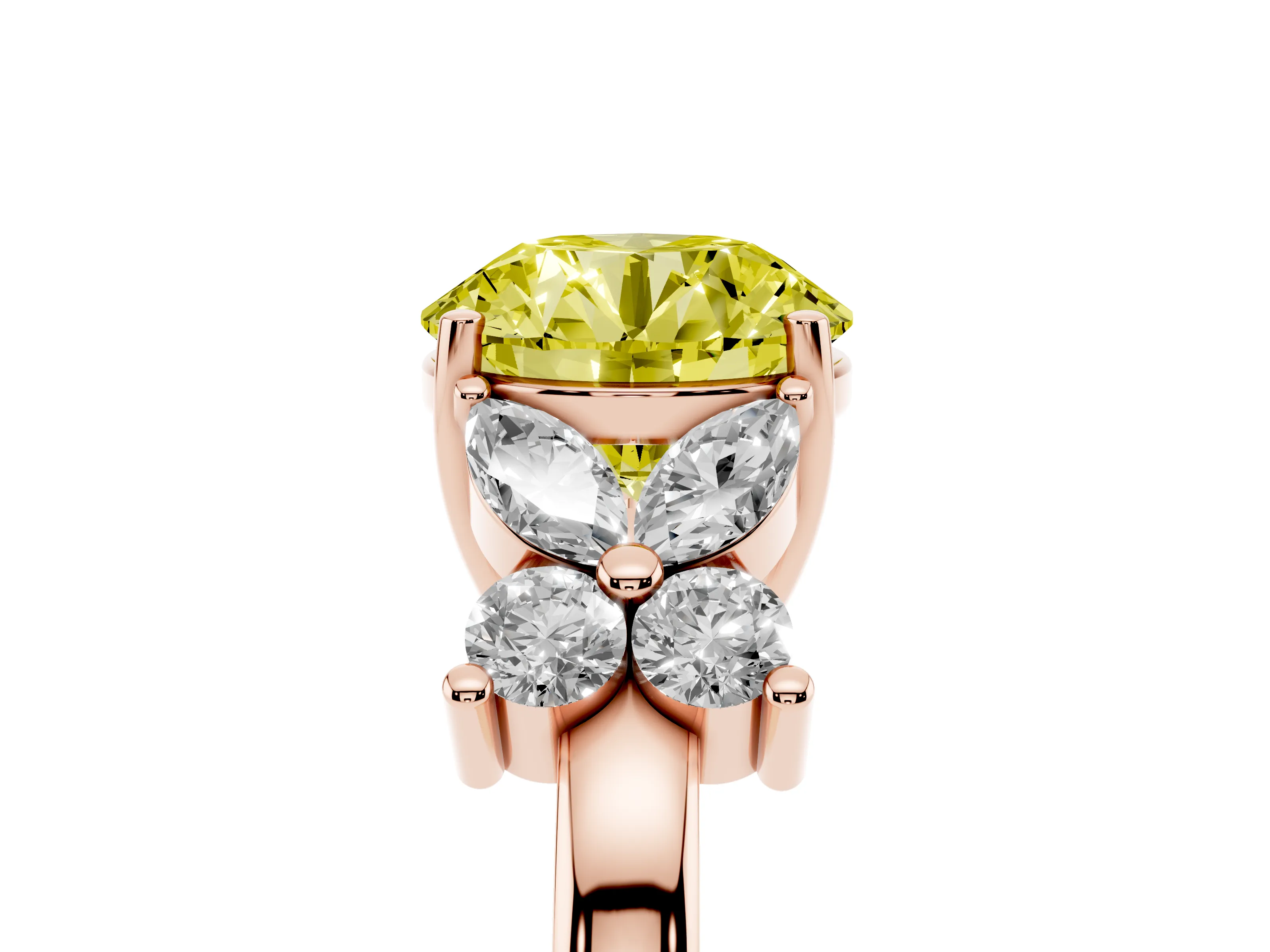 Fancy Yellow Round Cut Diamond Floral Cluster Ring Set in Rose gold with Marquise Petals and Prong Setting