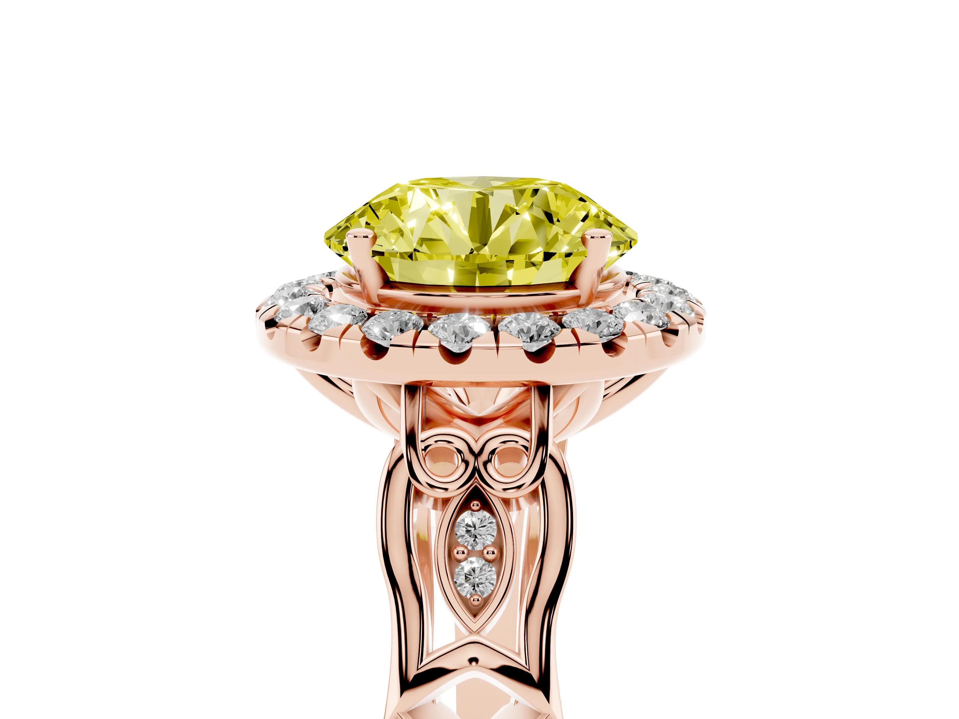 Fancy Yellow Round Cut Diamond Halo Engagement Ring Set in Rose gold with Filigree Band and Prong-Set Center