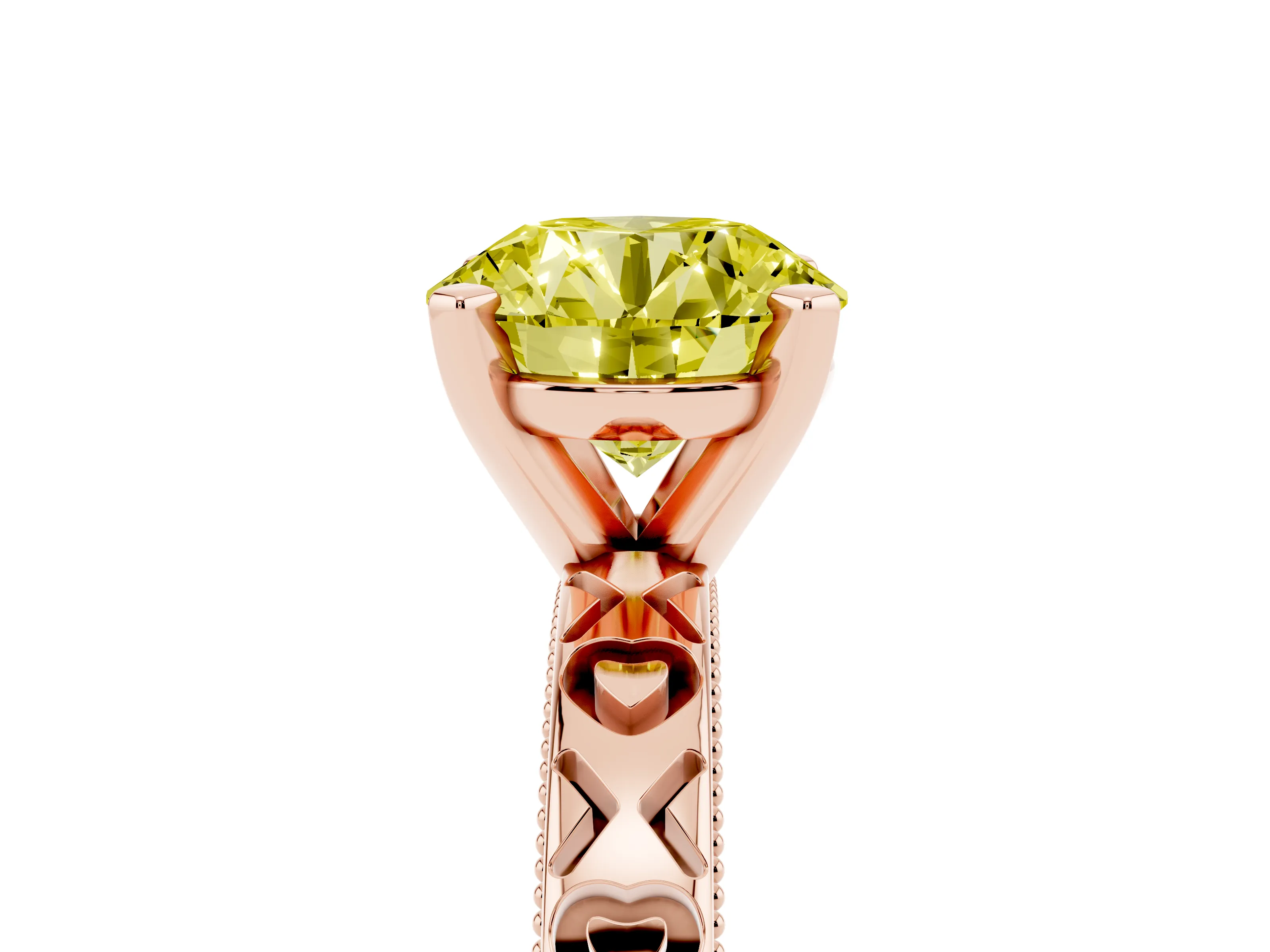 Fancy Yellow Round Cut Diamond Solitaire Engagement Ring Set in Rose gold with XO Engraved Band and Prong Setting