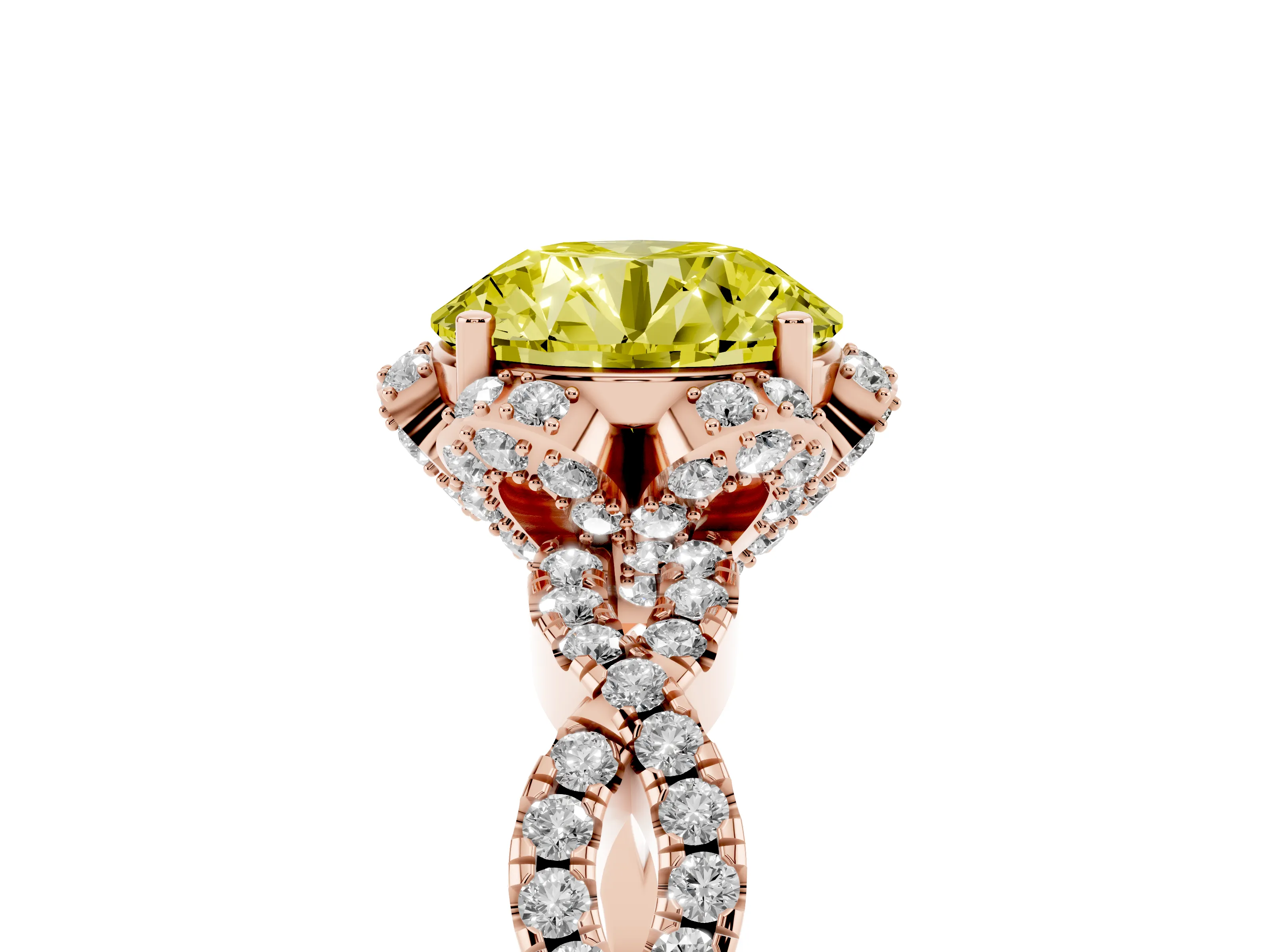 Fancy Yellow Round Cut Diamond Halo Twist Band Solitaire Ring Set in Rose gold with Prong-Set Center Stone