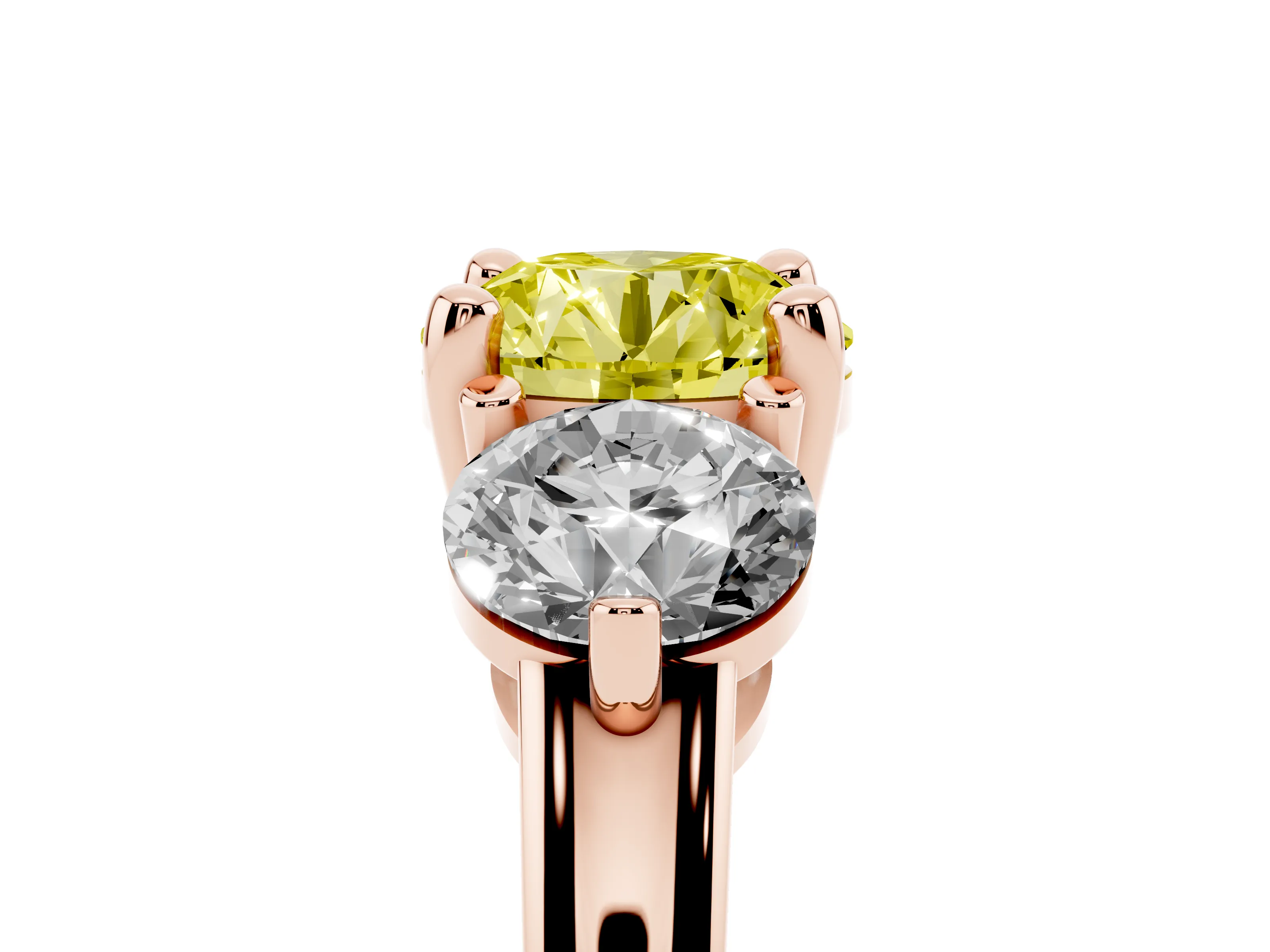 Fancy Yellow Round Cut Diamond Three-Stone Ring Set in Rose gold with Prong Setting and Classic Band
