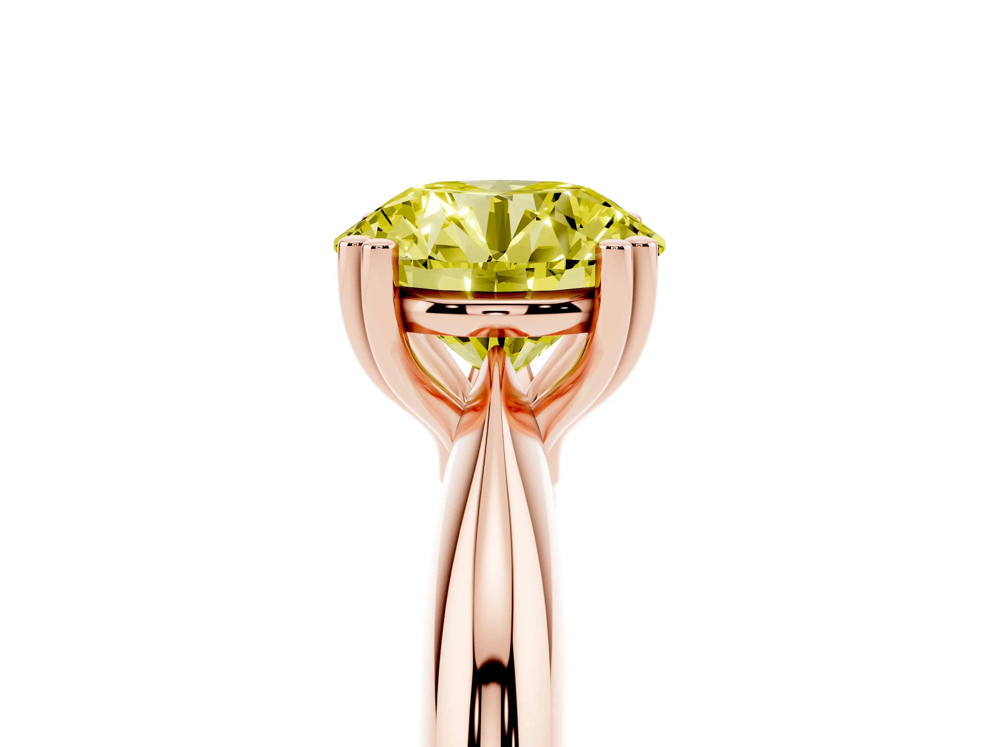Fancy Yellow Round Cut Diamond Solitaire Engagement Ring Set in Rose gold with Tapered Band and Prong Setting