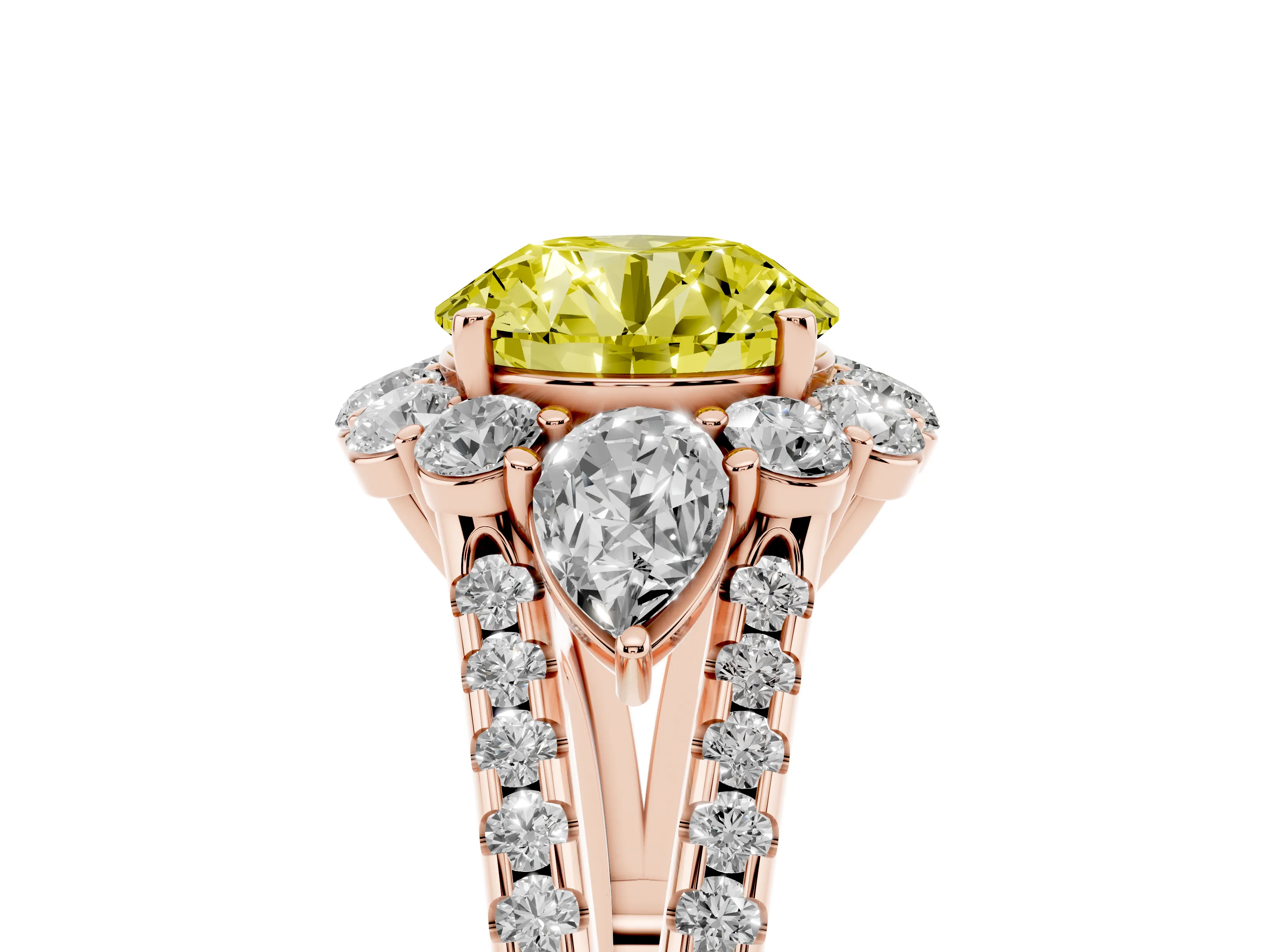 Fancy Yellow Round Cut Diamond Halo Split Shank Engagement Ring Set in Rose gold with Prong-Held Center Stone