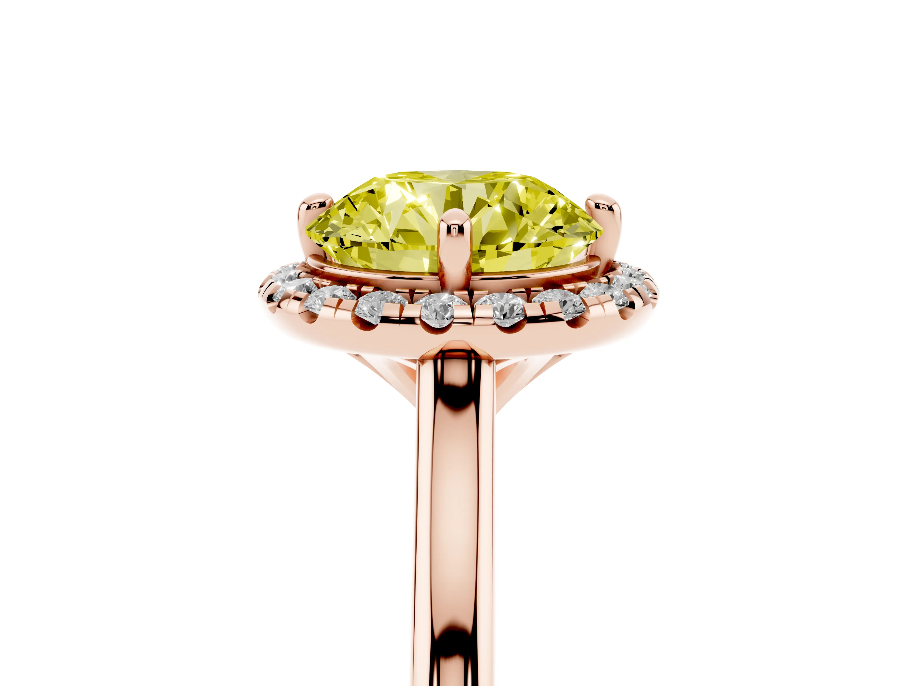 Fancy Yellow Round Cut Diamond Halo Engagement Ring Set in Rose gold with Pavé Band and Rising Shoulders