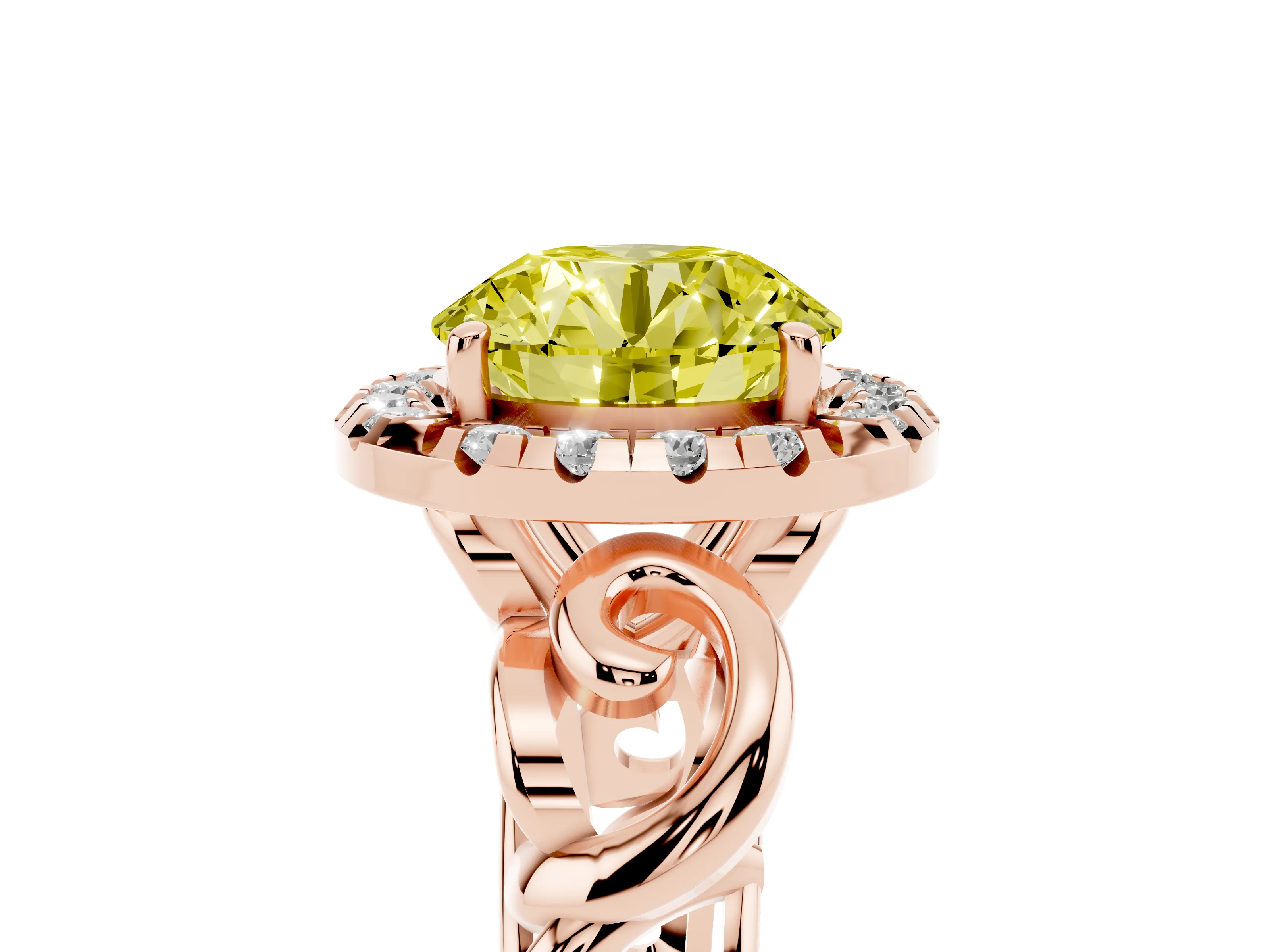 Fancy Yellow Round Cut Diamond Halo Ring Set in Rose gold with Scrollwork Band and Prong Setting