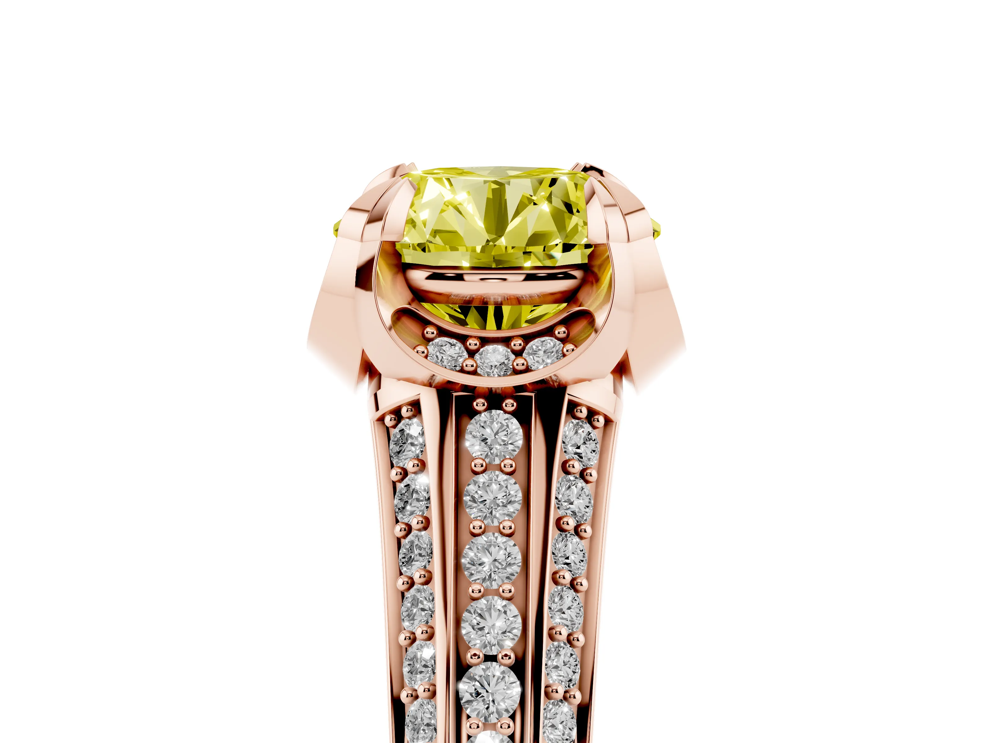 Fancy Yellow Round Cut Diamond Pavé Split Shank Solitaire Ring Set in Rose gold with Prong Setting