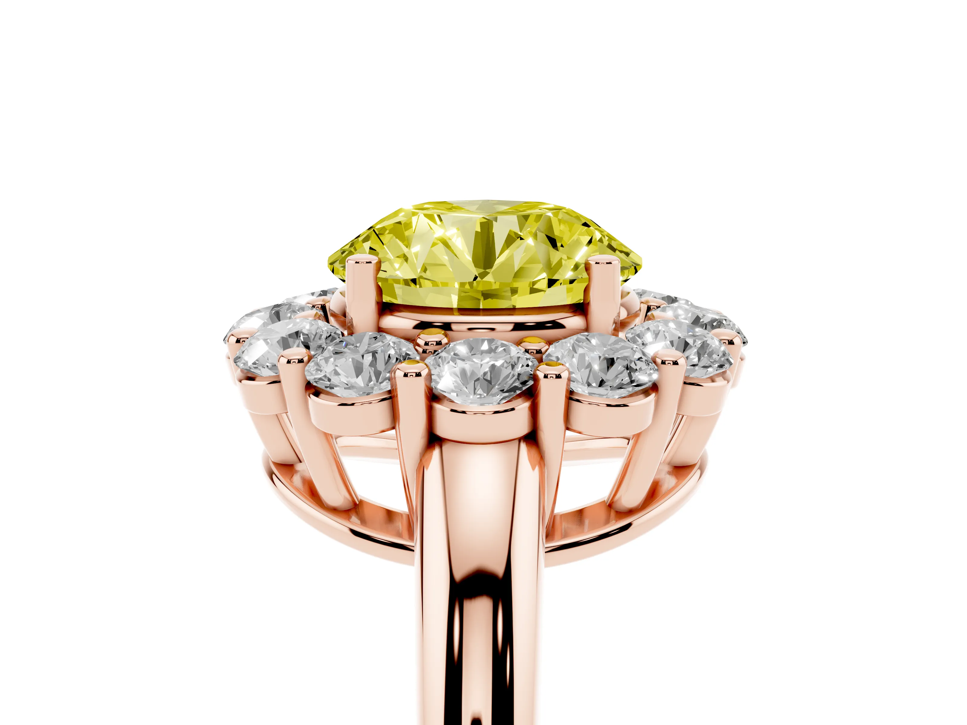 Fancy Yellow Round Cut Diamond Halo Cluster Engagement Ring Set in Rose gold with Polished Band and Prong Setting