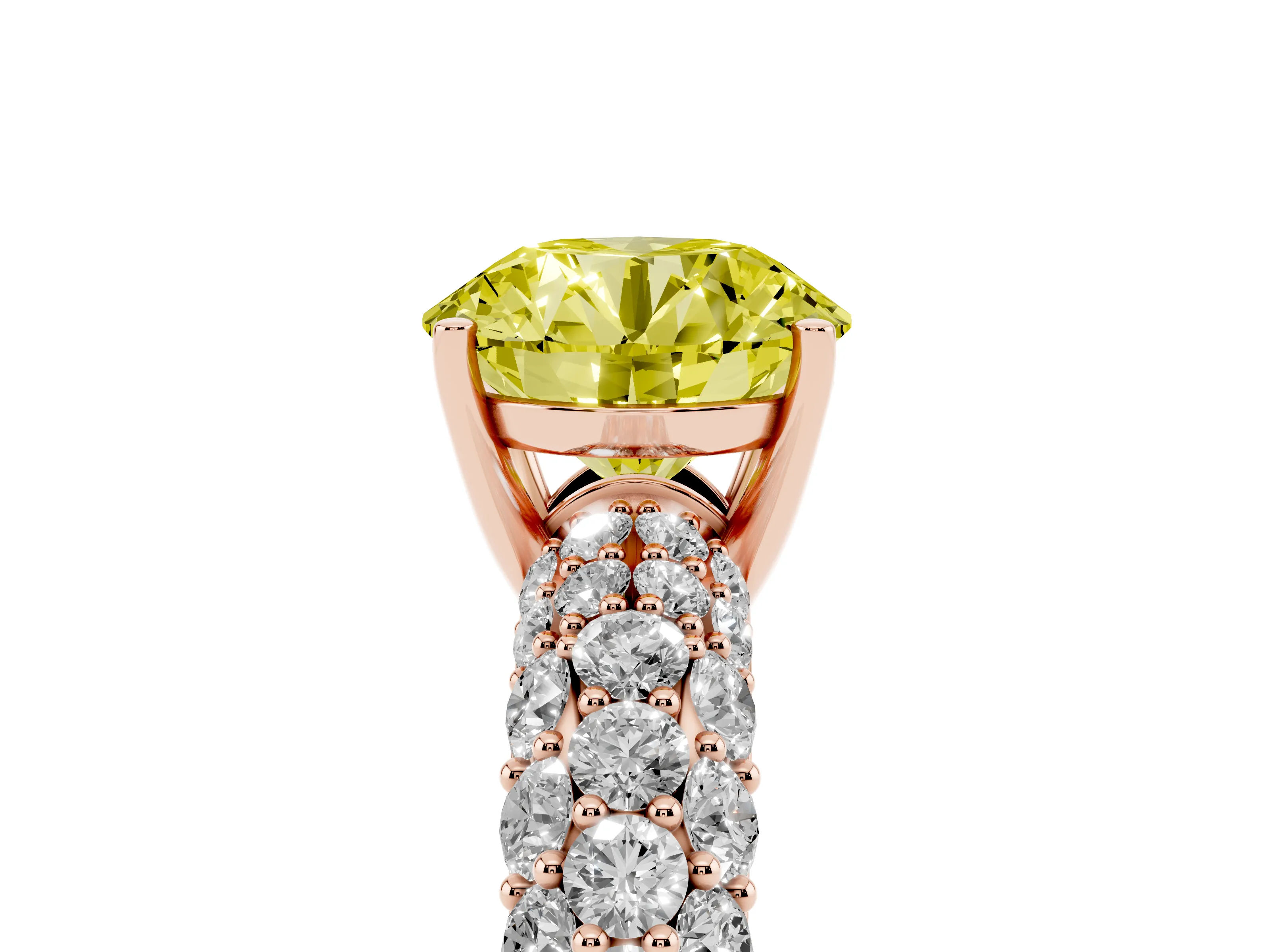 Fancy Yellow Round Cut Diamond Pavé Band Solitaire Ring Set in Rose gold with Close-Set Accent Stones and Prong Setting