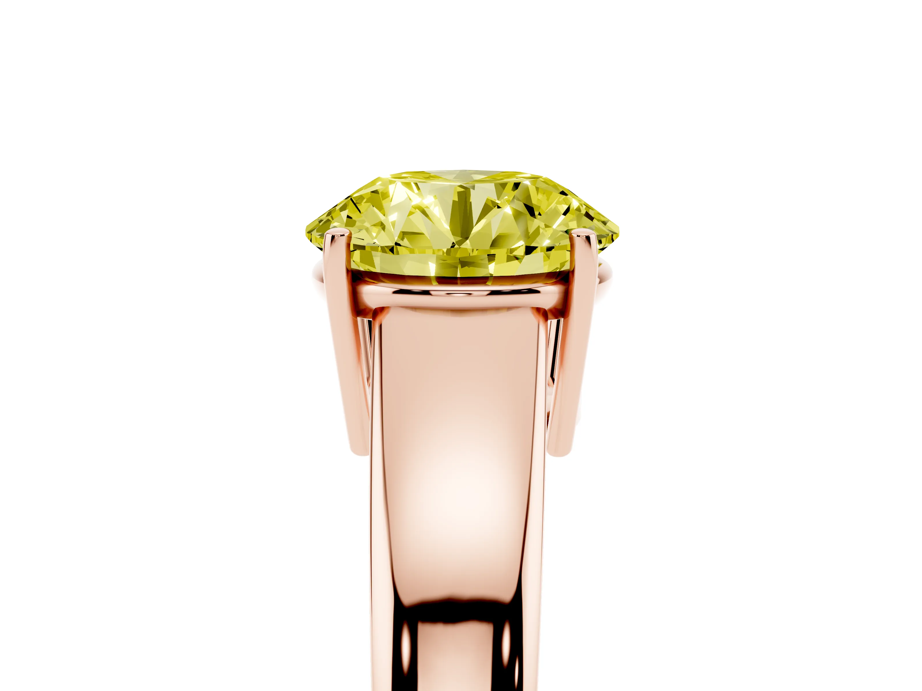 Fancy Yellow Round Cut Diamond Solitaire Ring Set in Rose gold with Tapered Band and Prong Setting