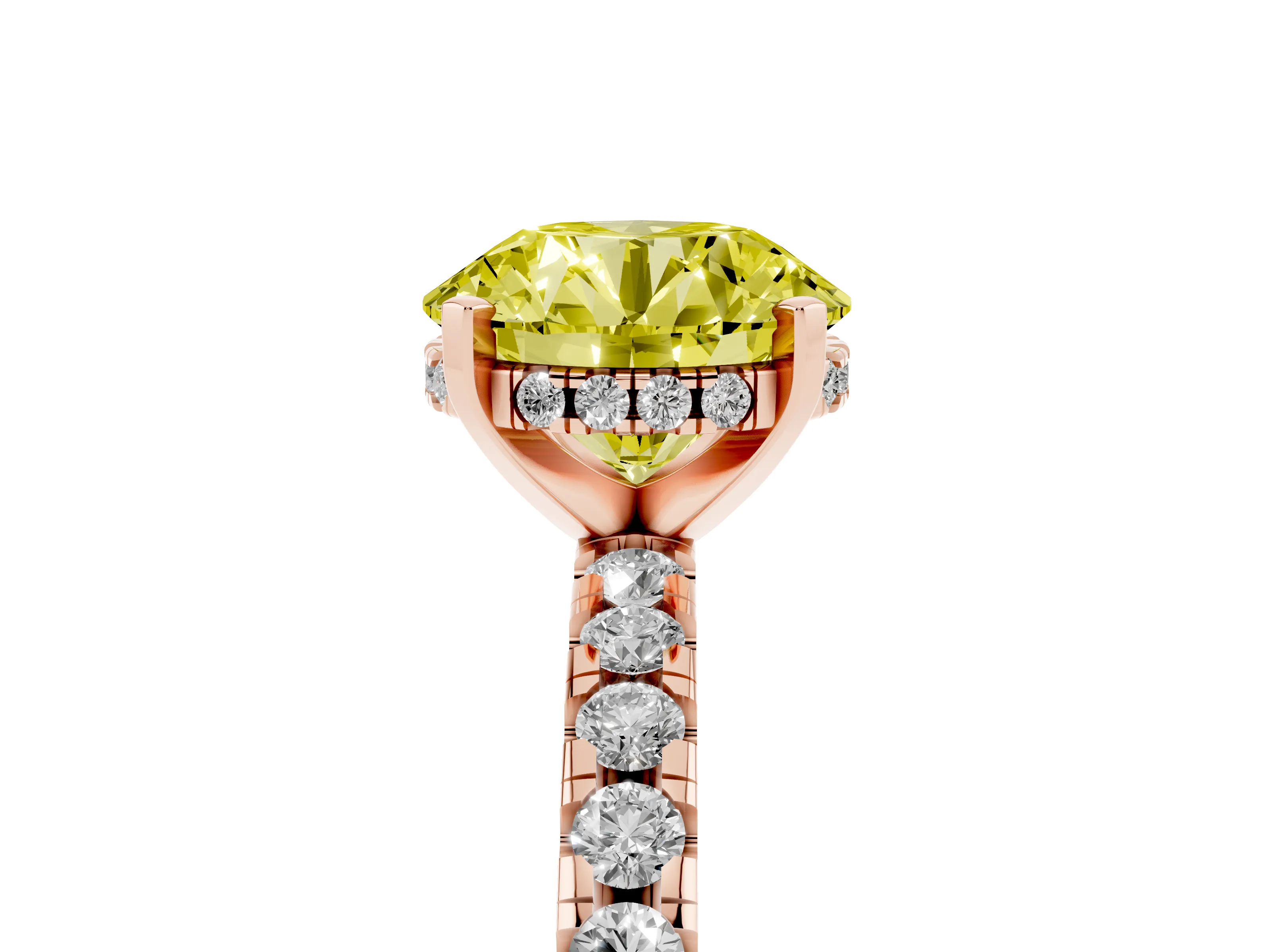 Fancy Yellow Round Cut Diamond Pavé Solitaire Ring Set in Rose gold with Round Band Accents and Prong Setting