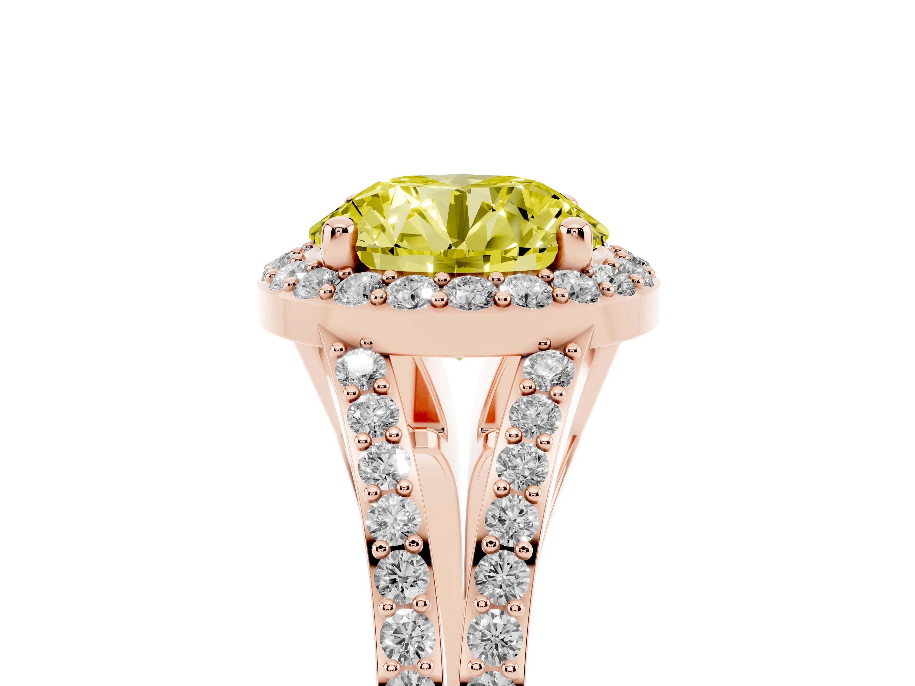 Fancy Yellow Round Cut Diamond Halo Split Shank Pavé Ring Set in Rose gold with Prong Setting