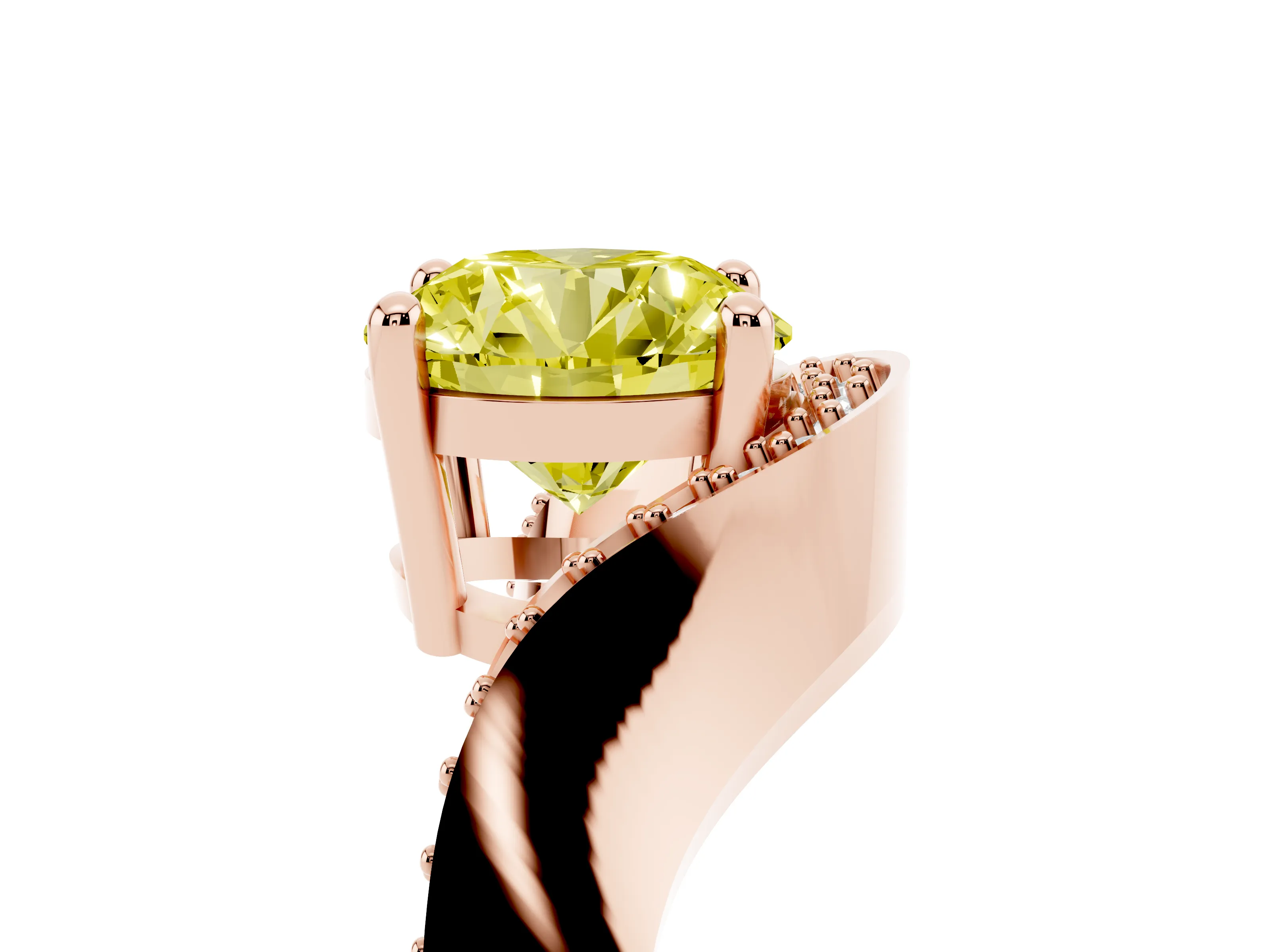 Fancy Yellow Round Cut Diamond Solitaire Engagement Ring Set in Rose gold with Pavé Shoulders