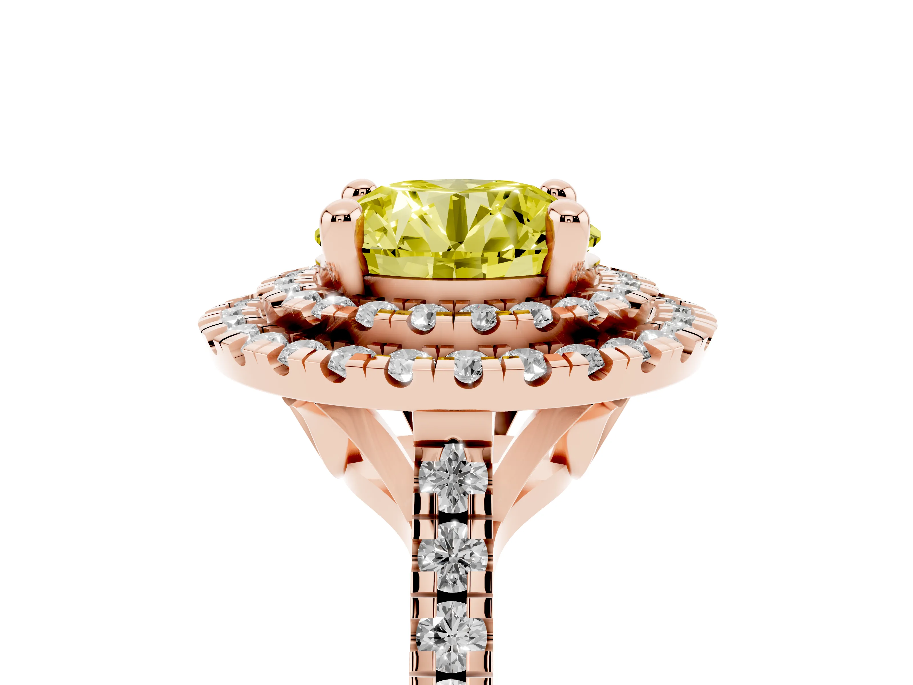 Fancy Yellow Round Cut Diamond Double Halo Statement Ring Set in Rose gold with Pavé Band