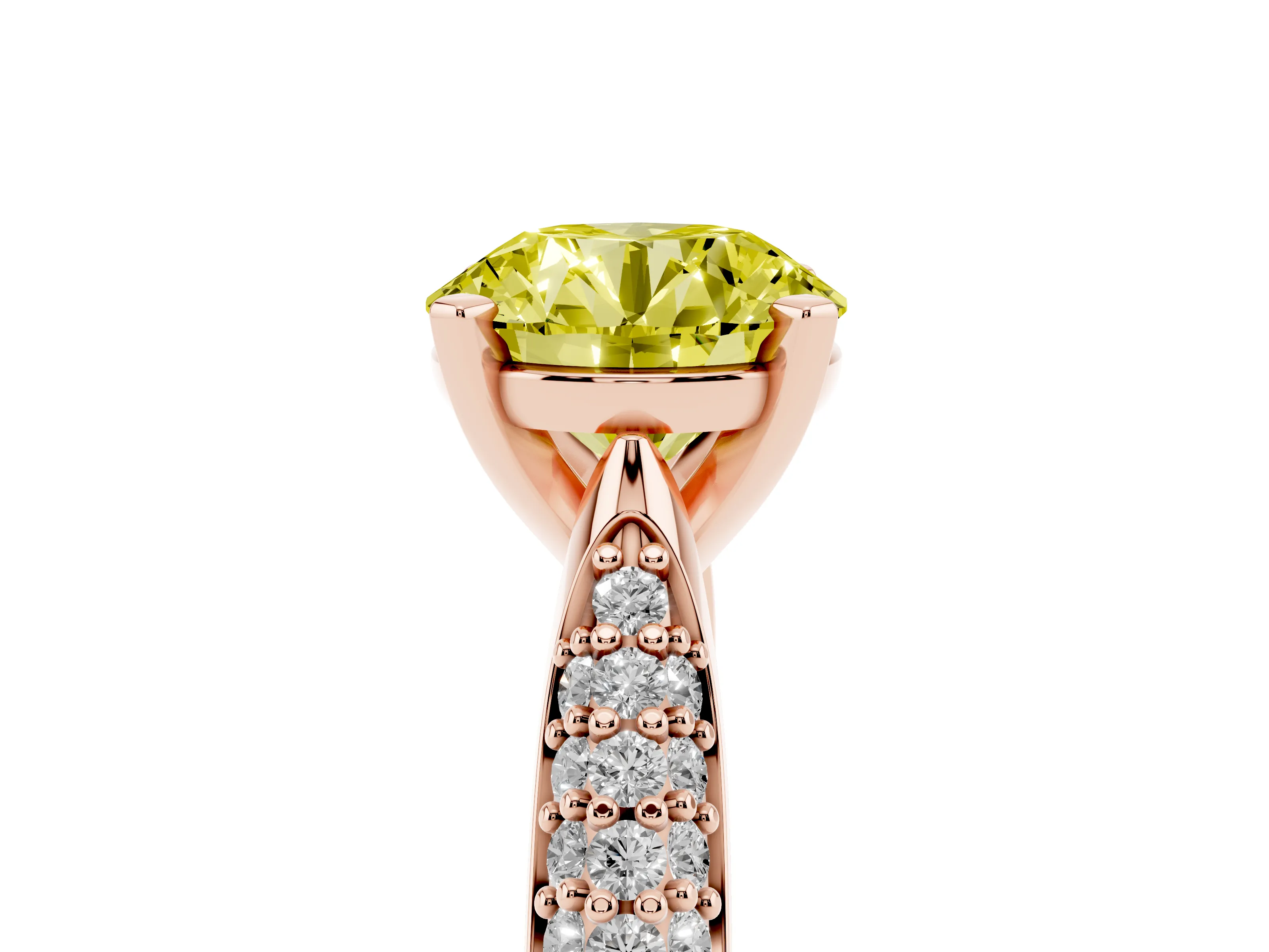 Fancy Yellow Round Cut Diamond Solitaire Engagement Ring Set in Rose gold with Multi-Row Round Pavé Band and Prong Setting