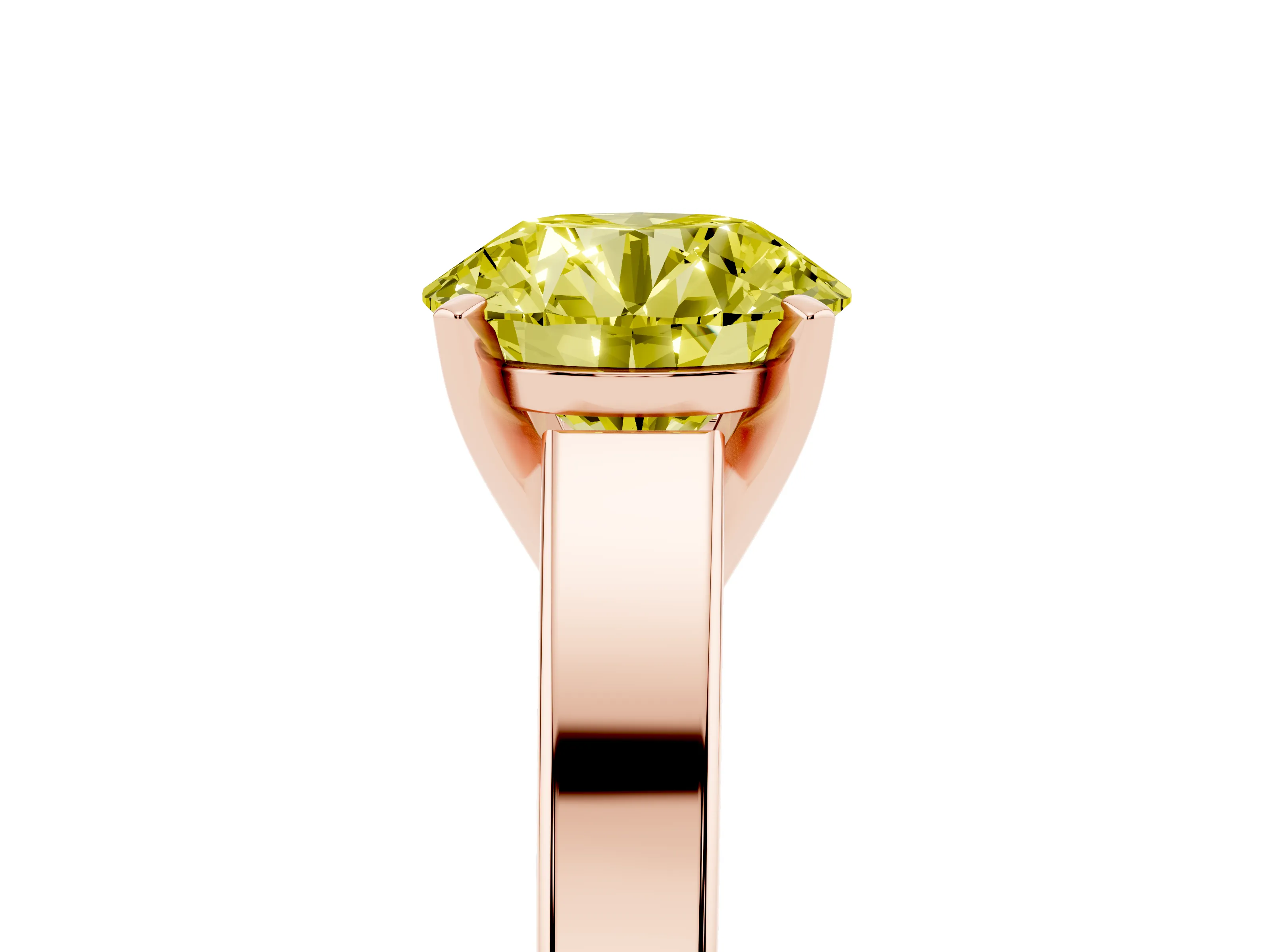 Fancy Yellow Round Cut Diamond Solitaire Engagement Ring Set in Rose gold with Prong Setting and Tapered Band