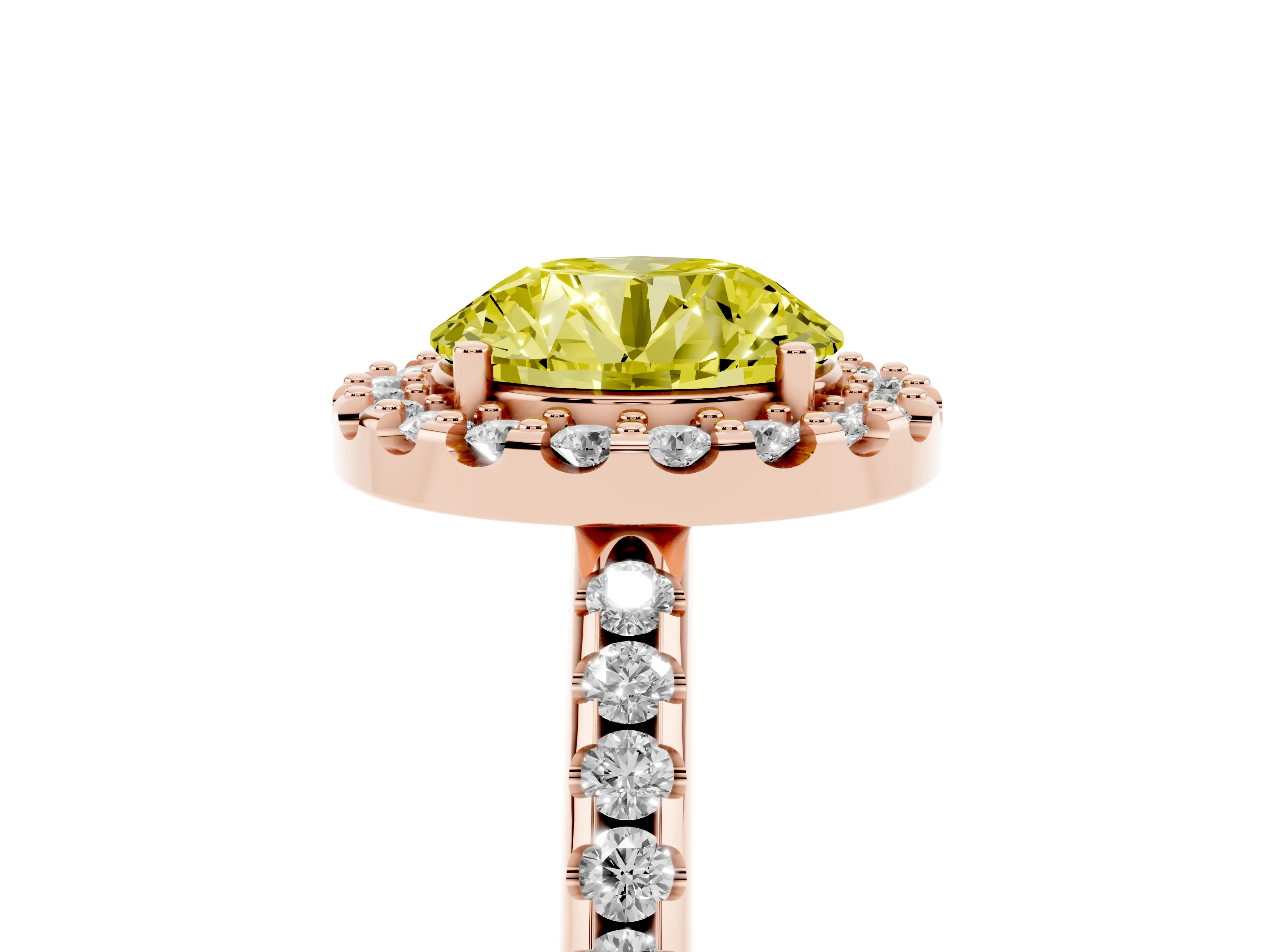 Fancy Yellow Round Cut Diamond Pavé Halo Ring Set in Rose gold with Prong Setting