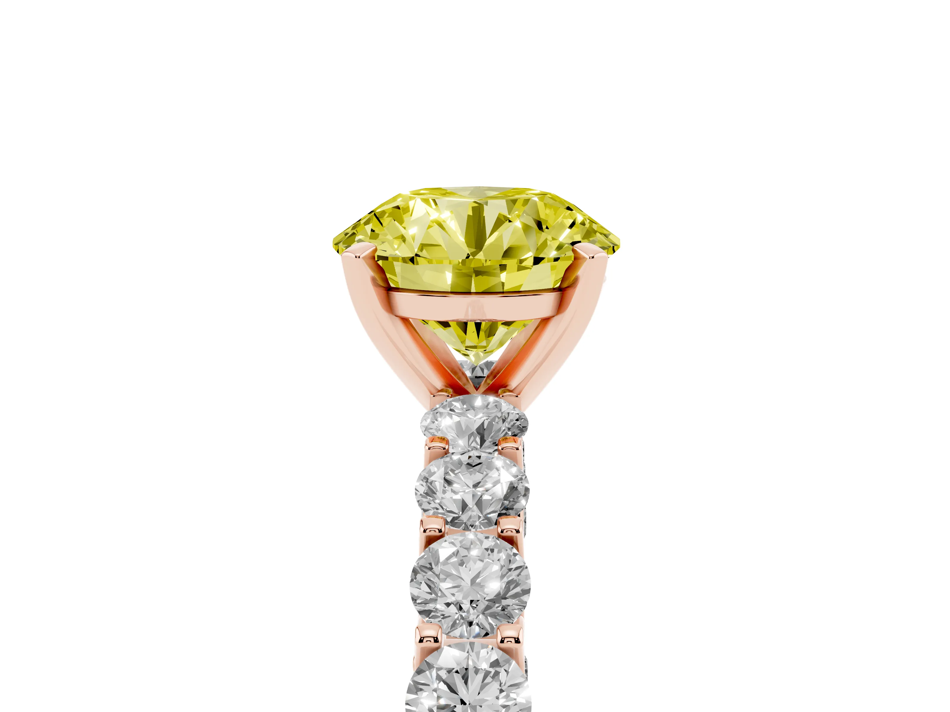 Fancy Yellow Round Cut Diamond Solitaire Ring Set in Rose gold with Shared Prong Pavé Band