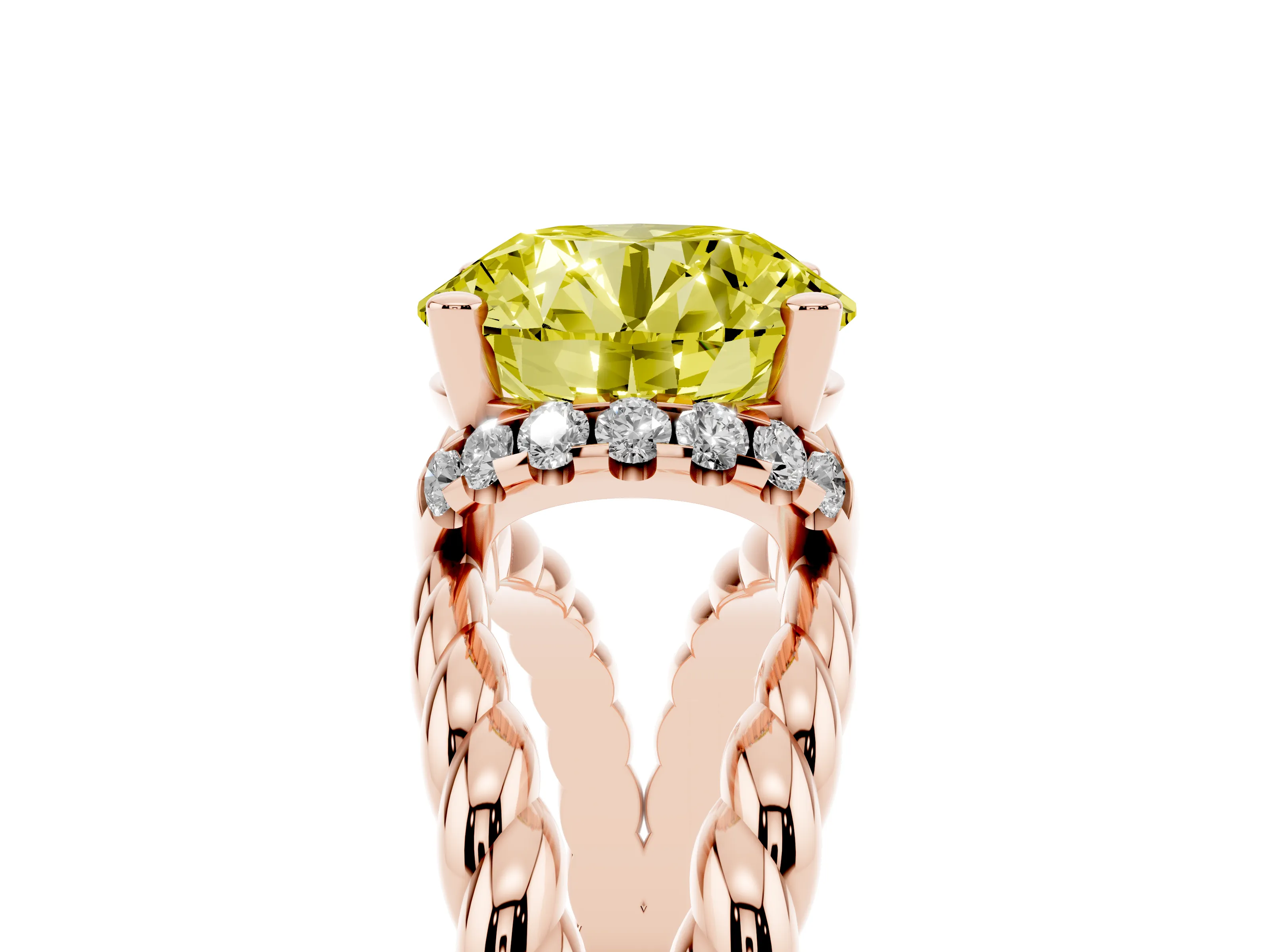 Fancy Yellow Round Cut Diamond Halo Ring Set in Rose gold with Twisted Band and Prong Setting