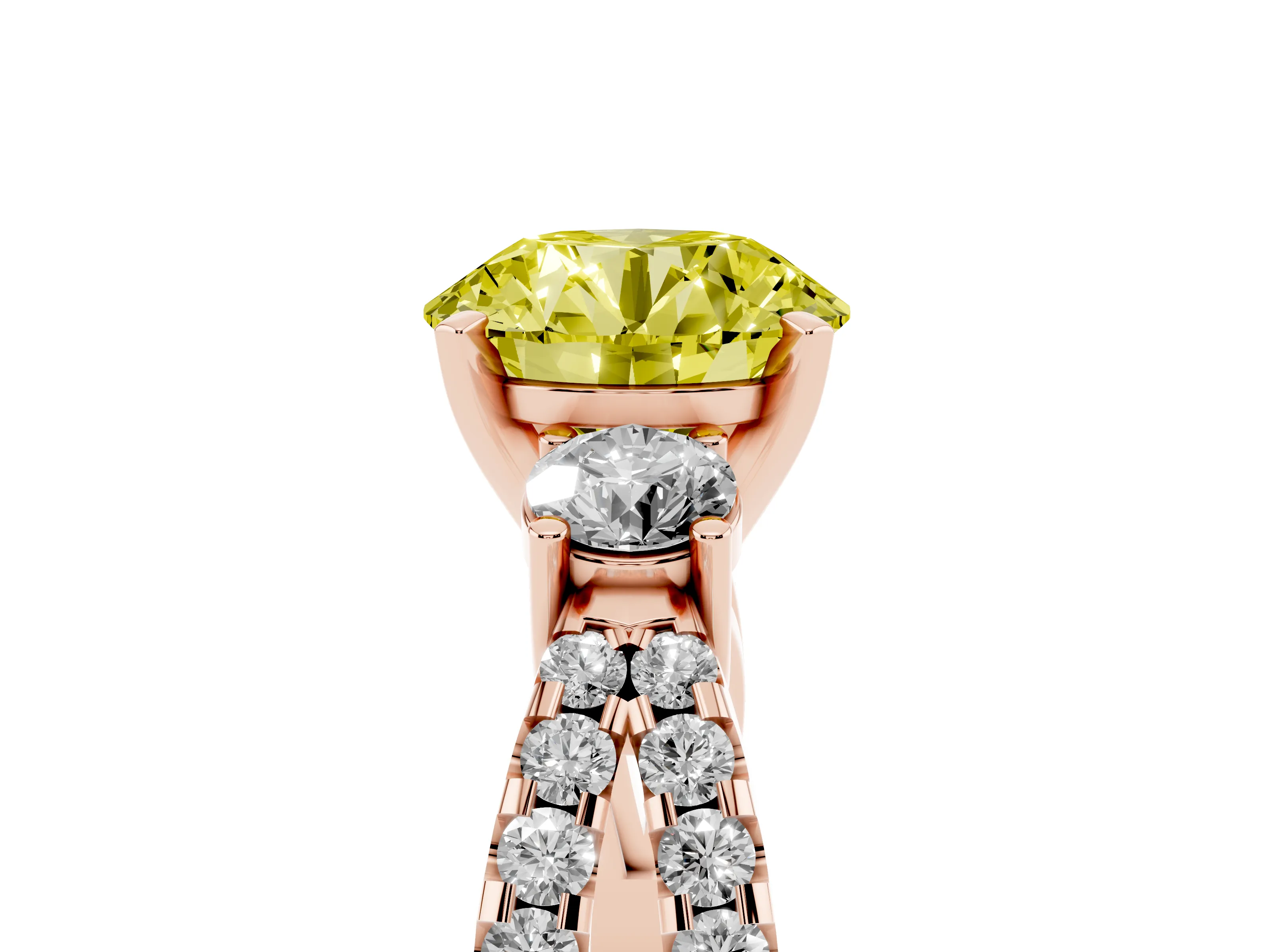 Fancy Yellow Round Cut Diamond Three-Stone Ring Set in Rose gold with Pavé Split Shank and Prong Setting