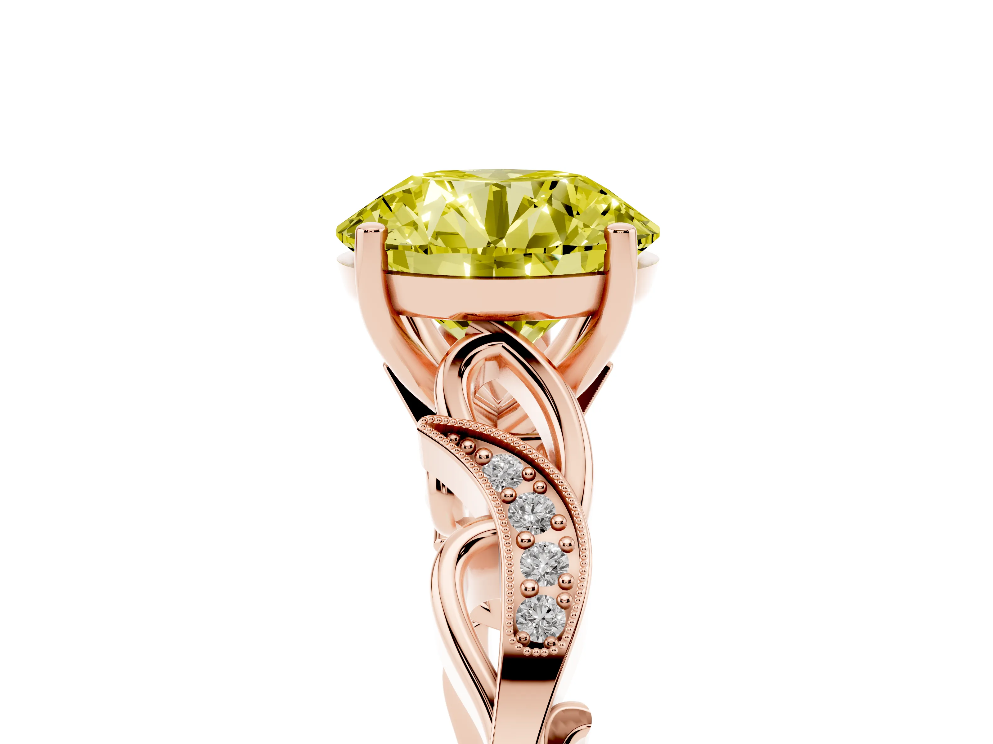 Fancy Yellow Round Cut Diamond Vine Band Solitaire Ring Set in Rose gold with Milgrain Prong Setting