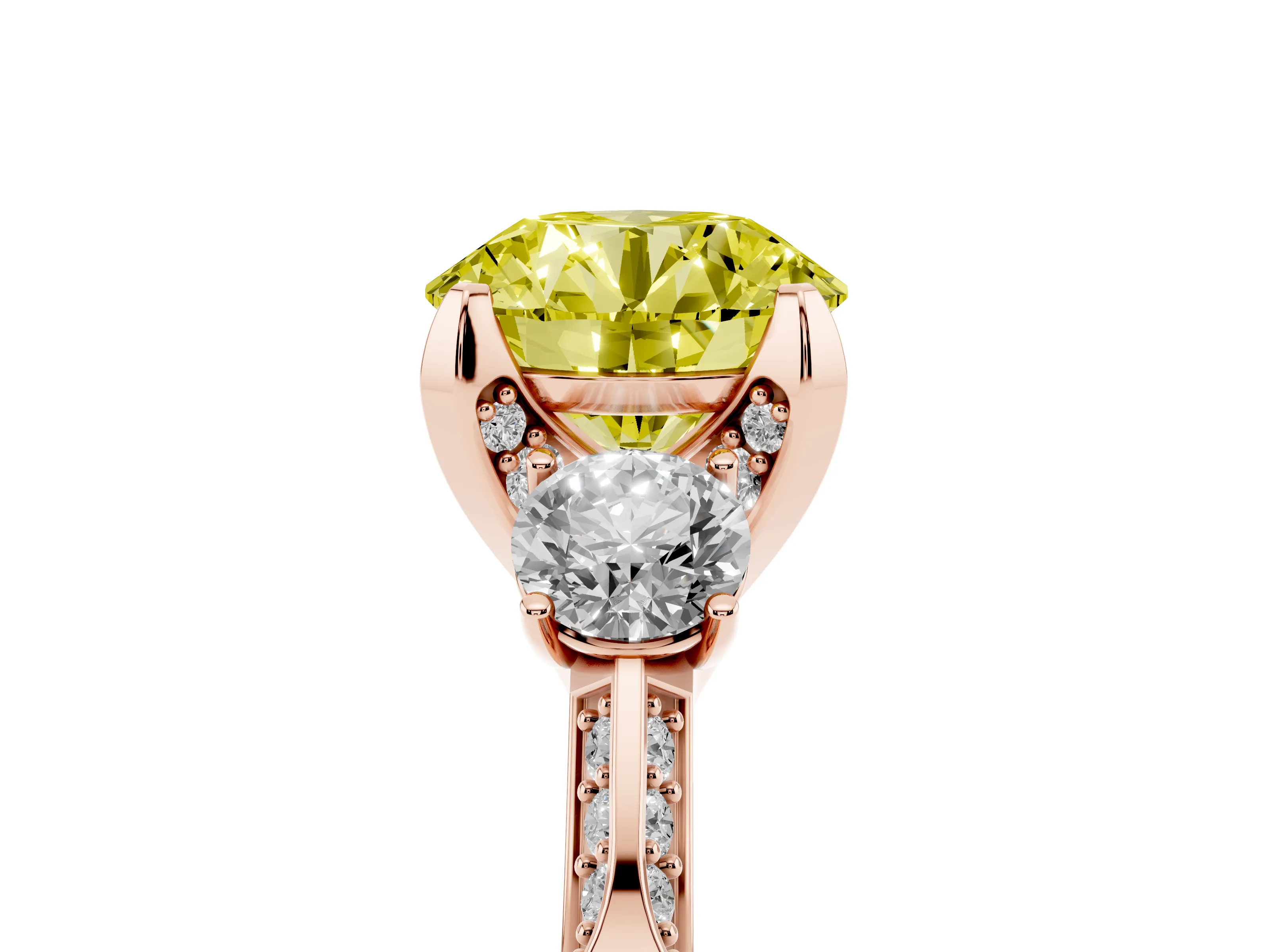 Fancy Yellow Round Cut Diamond Three-Stone Ring Set in Rose gold with Pavé Band and Smaller Side Stones