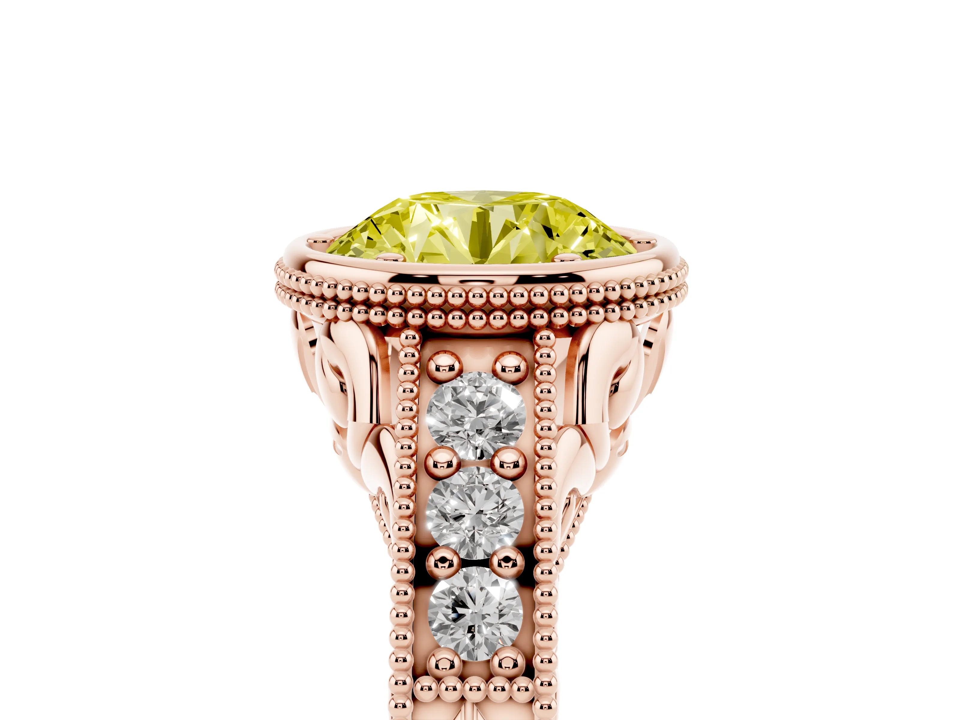 Fancy Yellow Bezel Set Round Cut Diamond Milgrain Pavé Engagement Ring Set in Rose gold