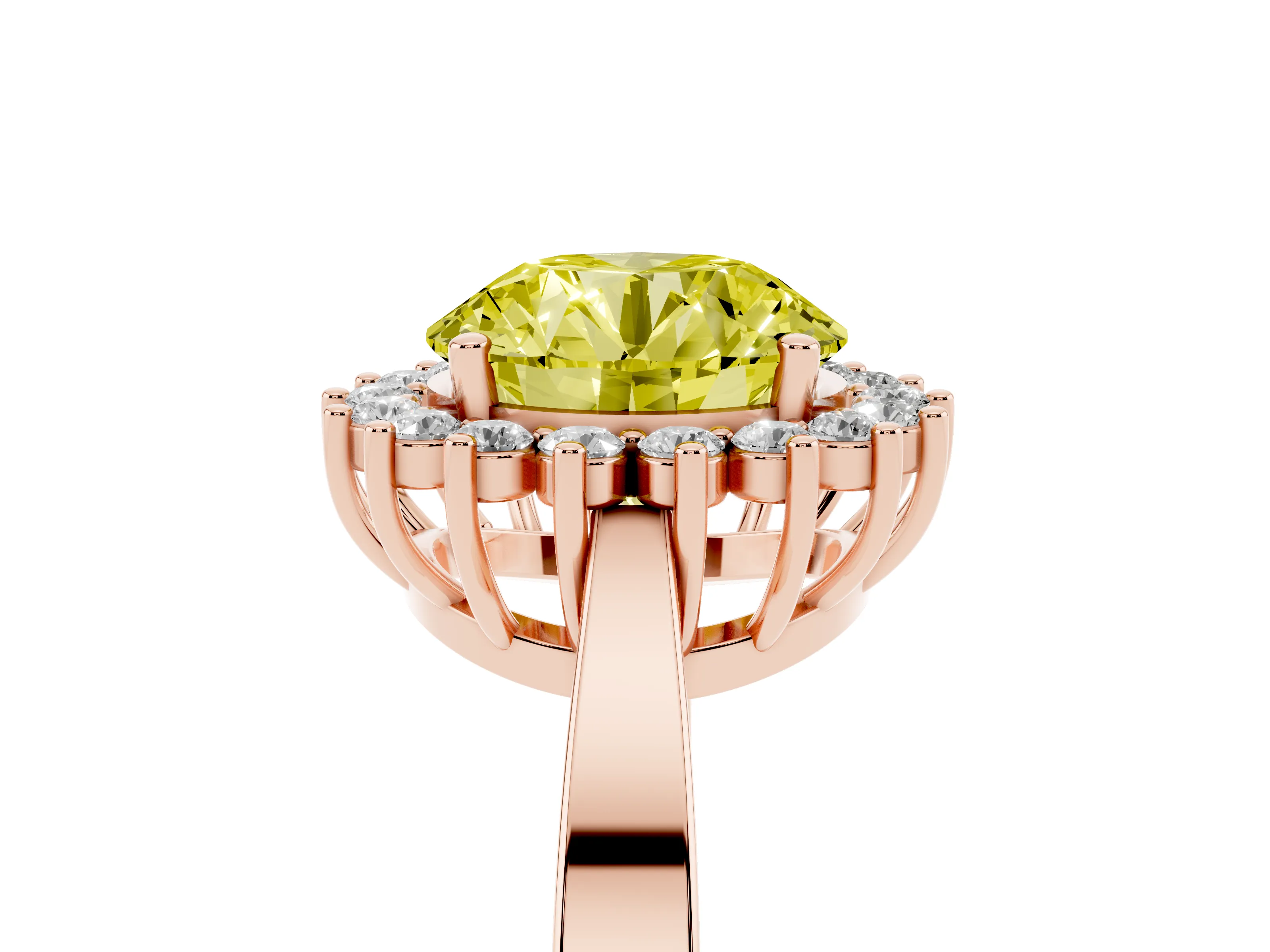 Fancy Yellow Round Cut Diamond Halo Ring Set in Rose gold with Round Halo and Smooth Solitaire Band