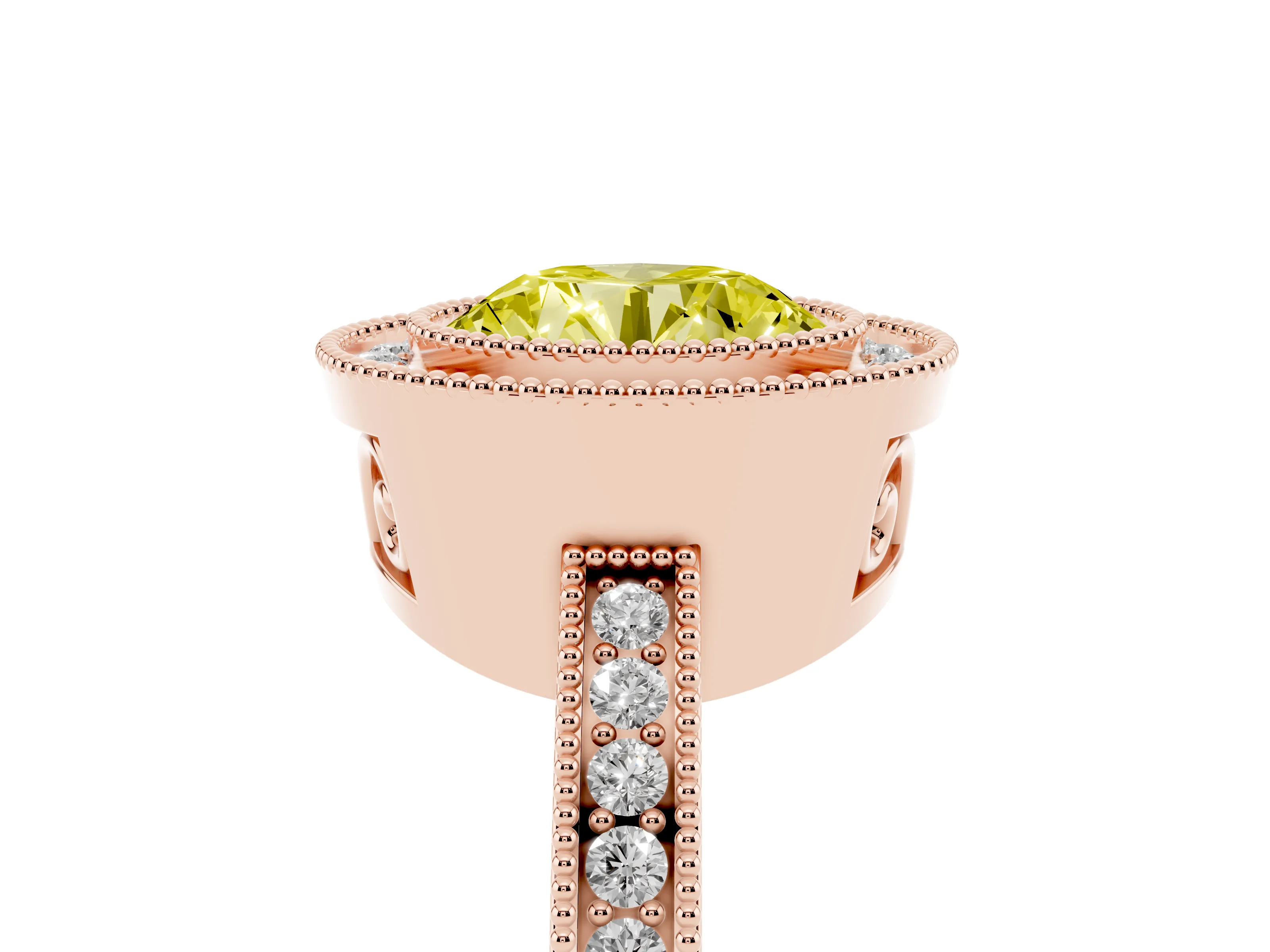 Fancy Yellow Round Cut Diamond Halo Ring Set in Rose gold with Pavé Band and Milgrain-Edged Prongs