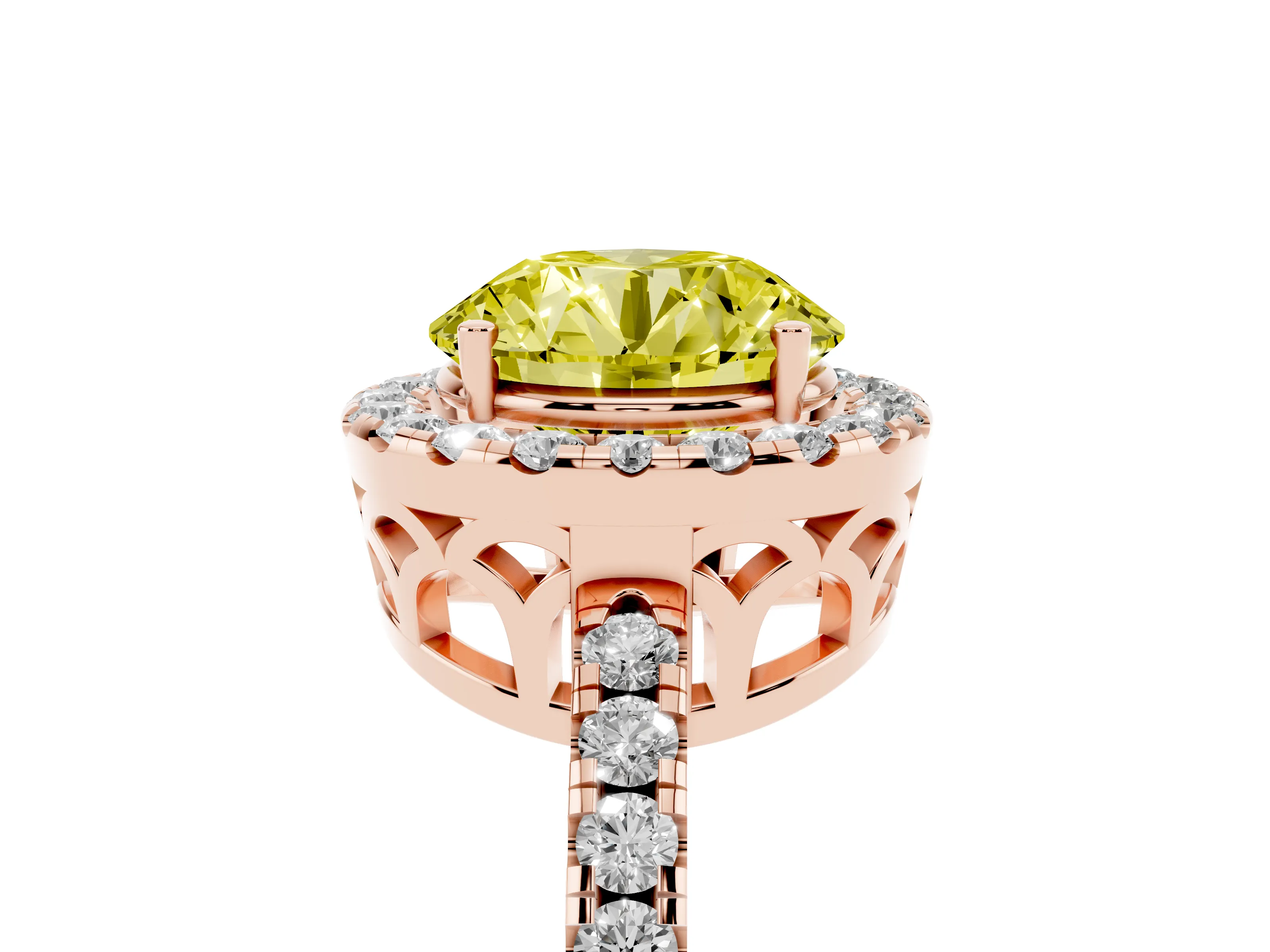 Fancy Yellow Round Cut Diamond Pavé Band Halo Engagement Ring Set in Rose gold with Prong Setting