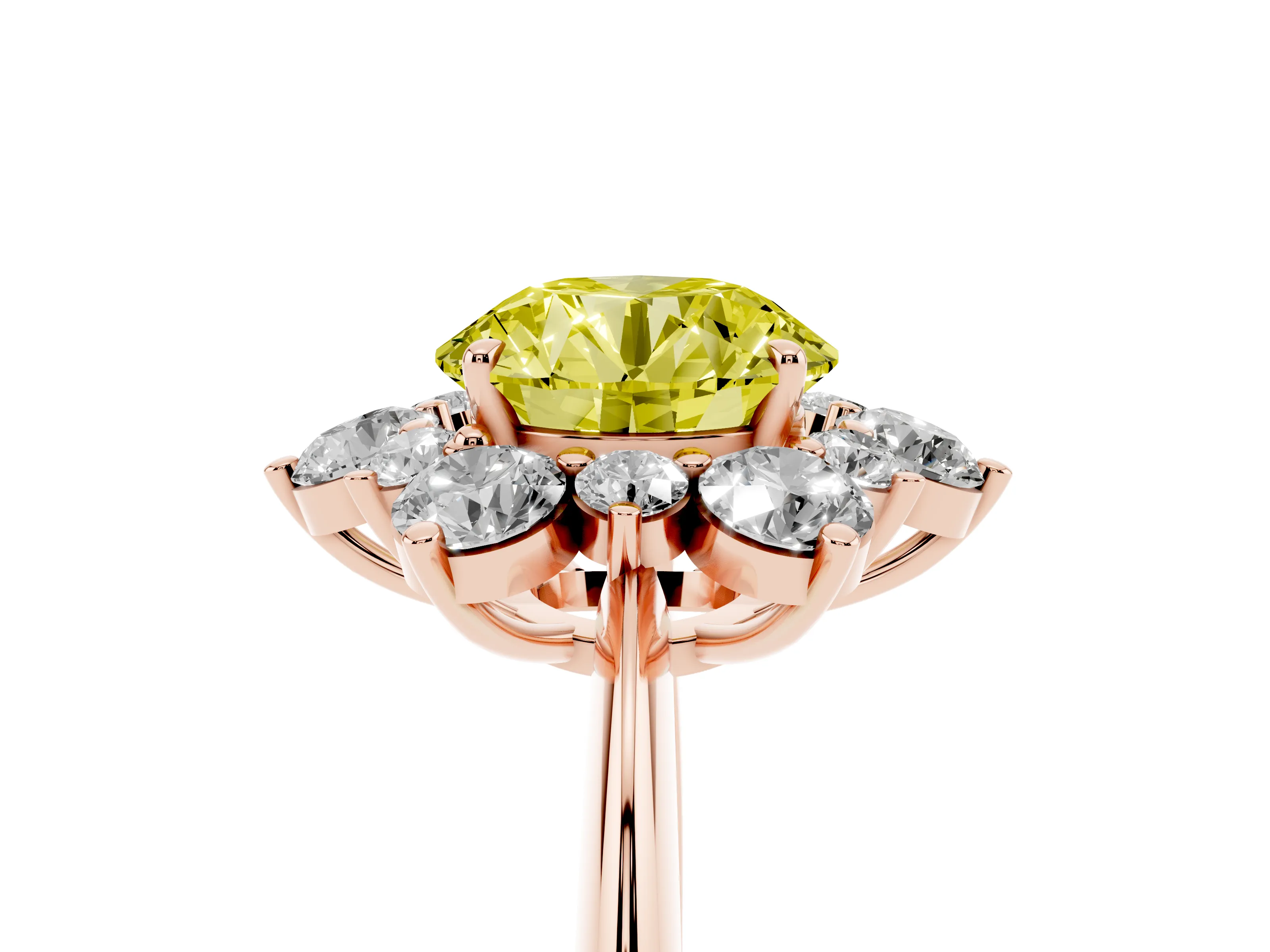 Fancy Yellow Round Cut Diamond Cluster Halo Ring Set in Rose gold with Solitaire Band and Prong Setting