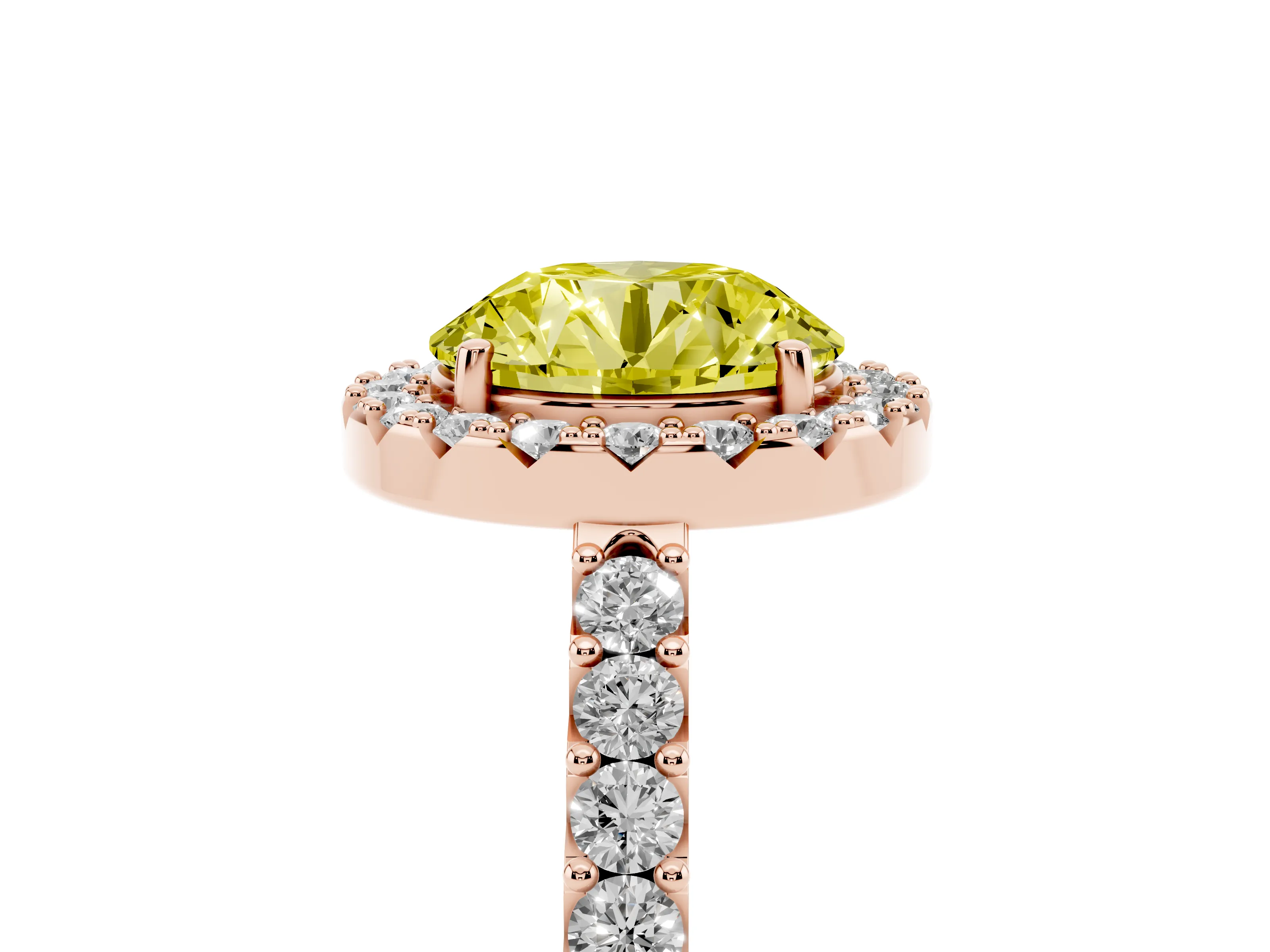 Fancy Yellow Round Cut Diamond Halo Pavé Solitaire Ring Set in Rose gold with Prong-Set Center Stone