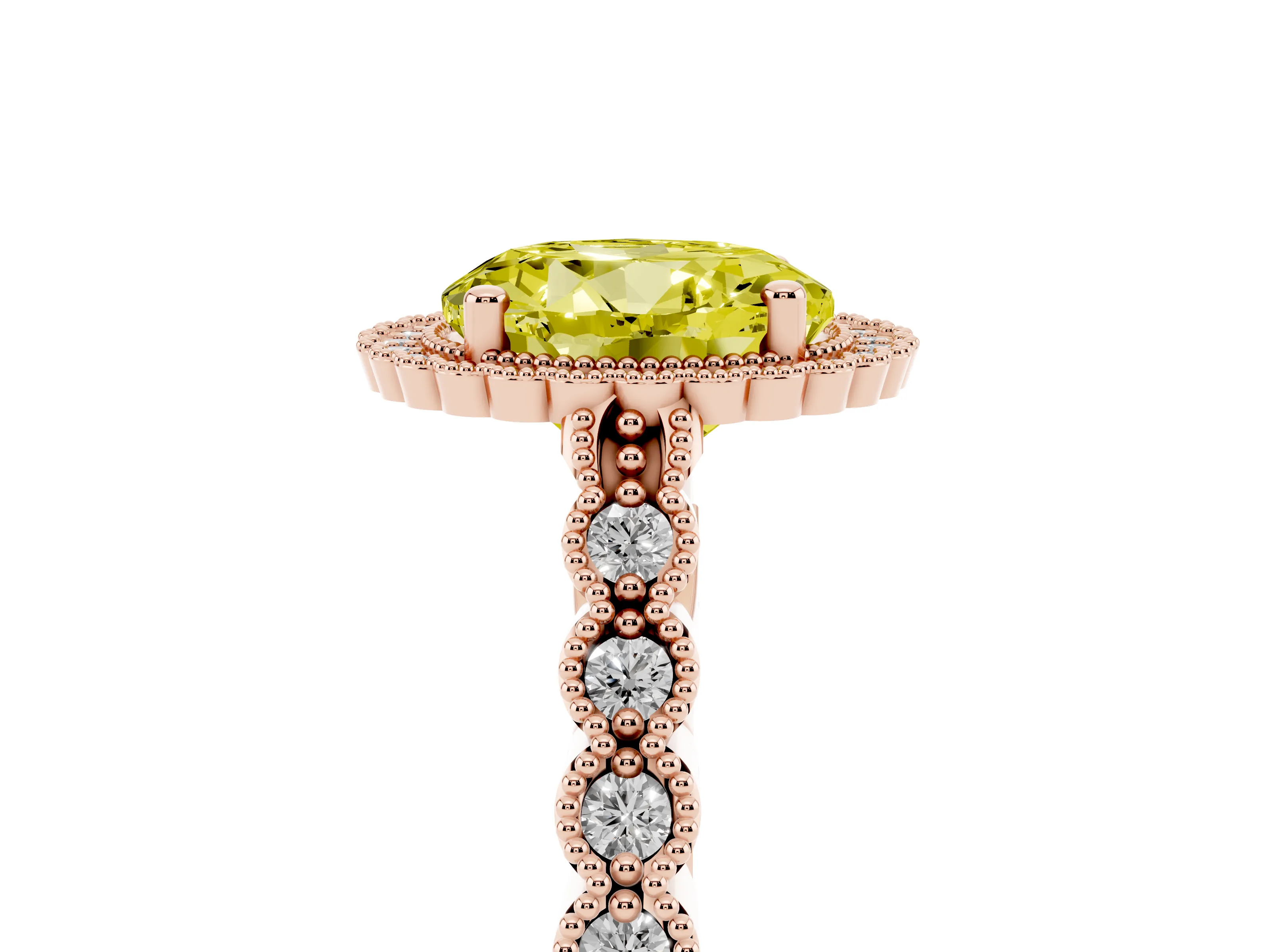 Fancy Yellow Round Cut Diamond Halo Ring Set in Rose gold with Pavé Milgrain Band