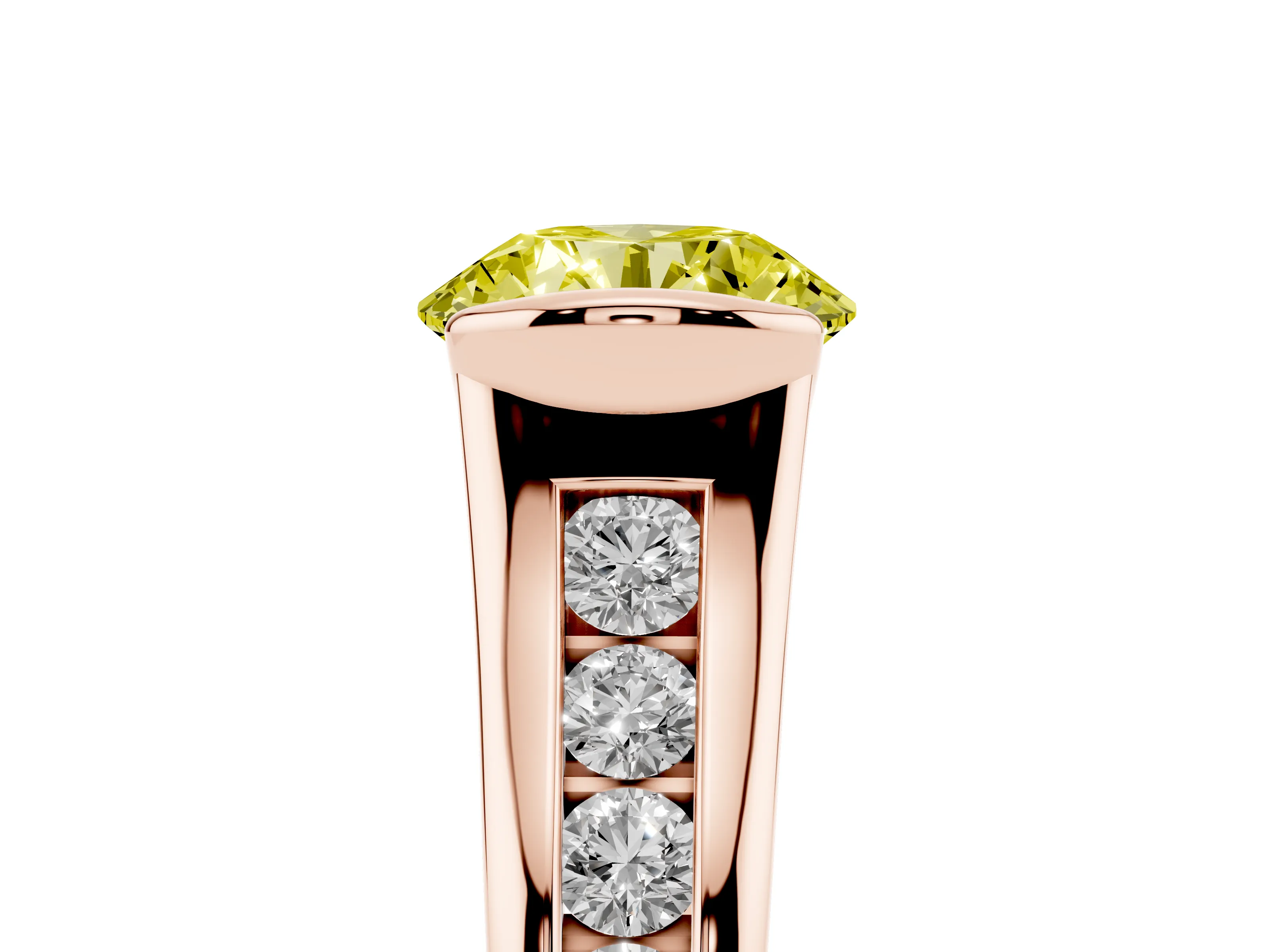 Fancy Yellow Round Cut Diamond Bezel-Set Solitaire Ring Set in Rose gold with Channel-Set Band