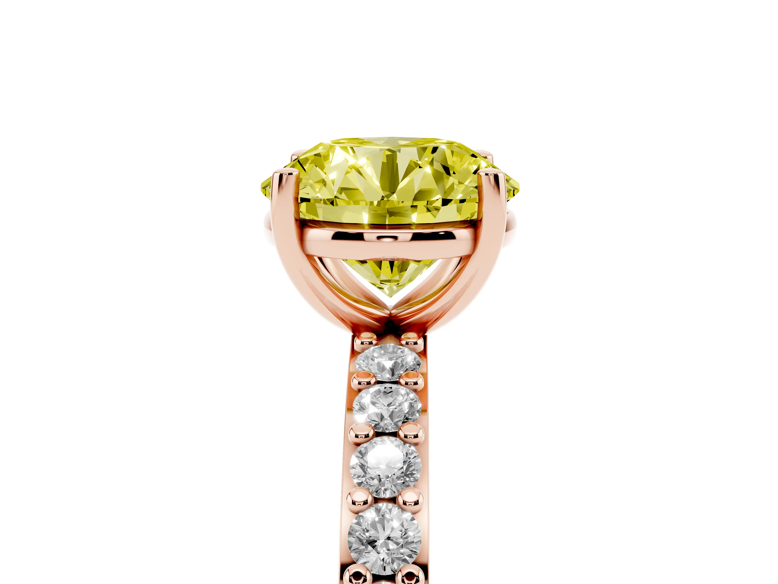 Fancy Yellow Round Cut Diamond Solitaire Set in Rose gold with Round Pavé Band and Prong Setting