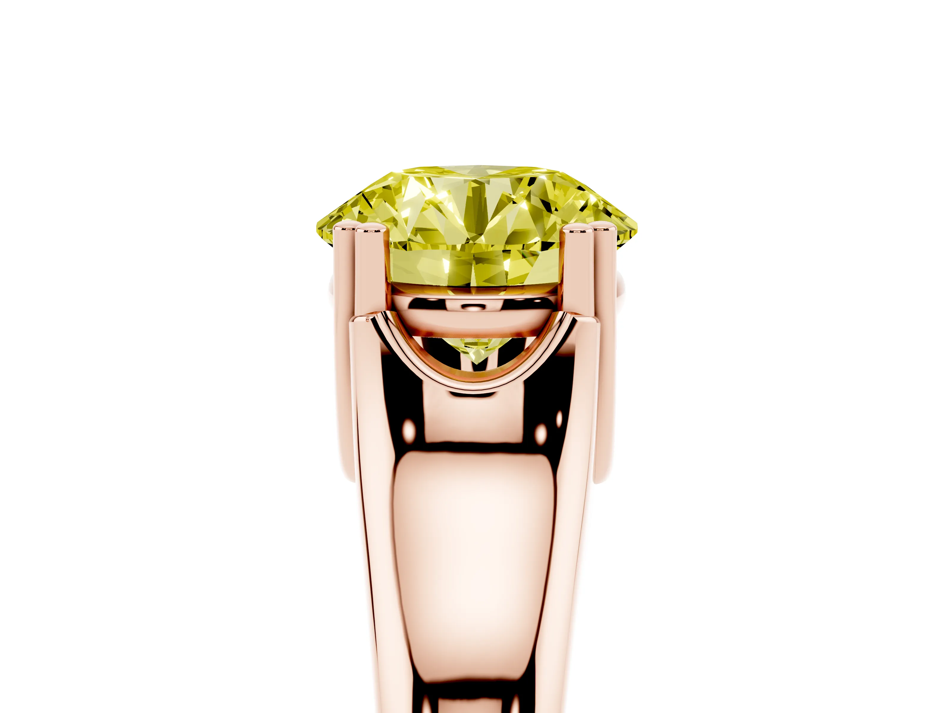Fancy Yellow Round Cut Diamond Solitaire Ring Set in Rose gold with Wide Band and Prong Setting
