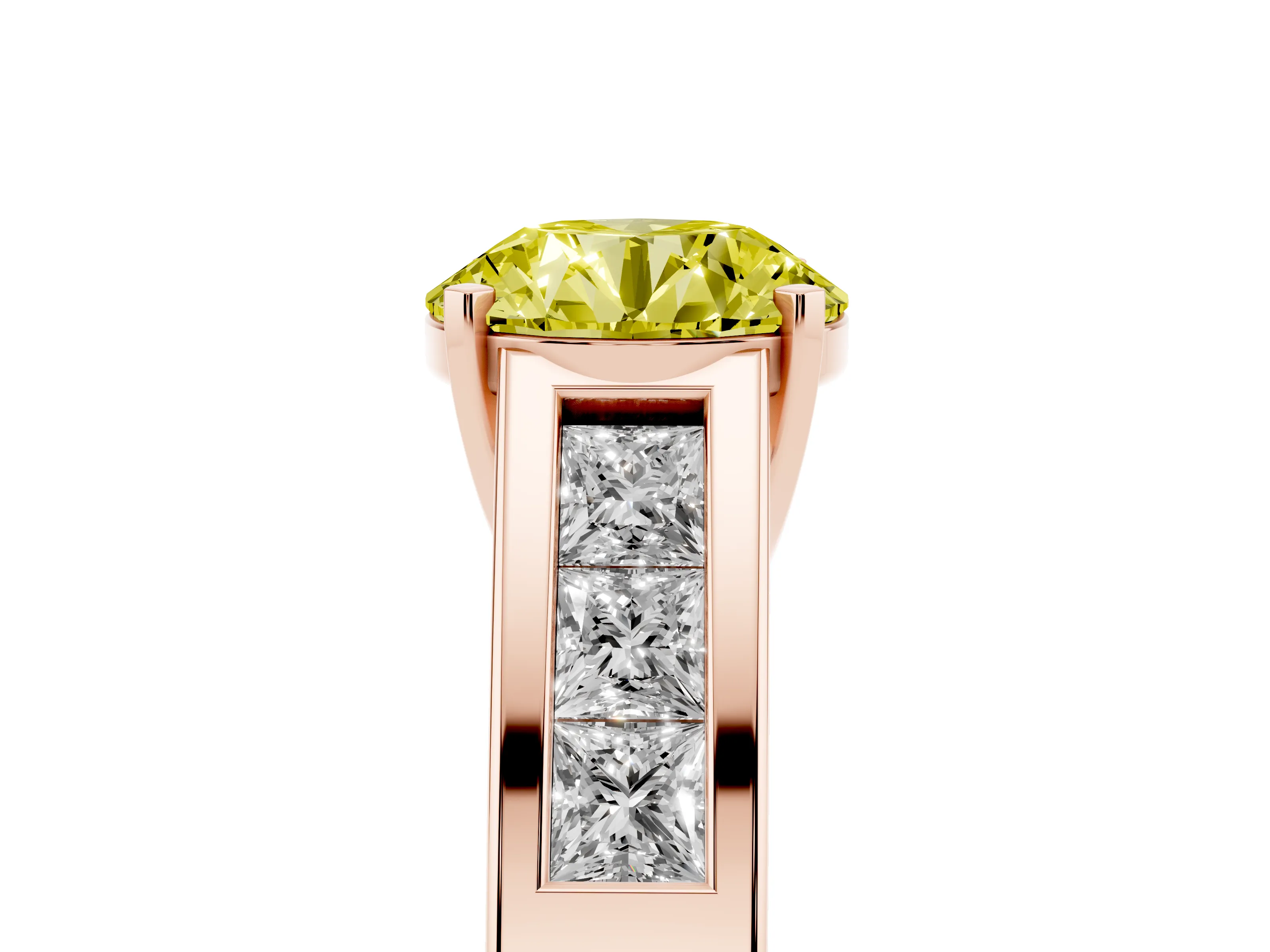 Fancy Yellow Round Cut Diamond Solitaire Ring Set in Rose gold with Channel-Set Accent Stones and Prong Setting