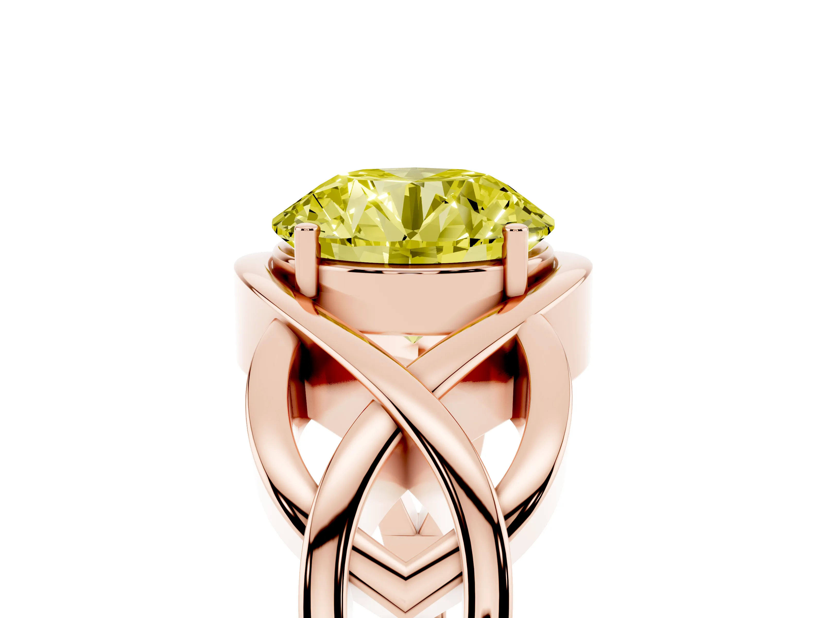 Fancy Yellow Round Cut Diamond Solitaire Ring Set in Rose gold with Intertwined Band