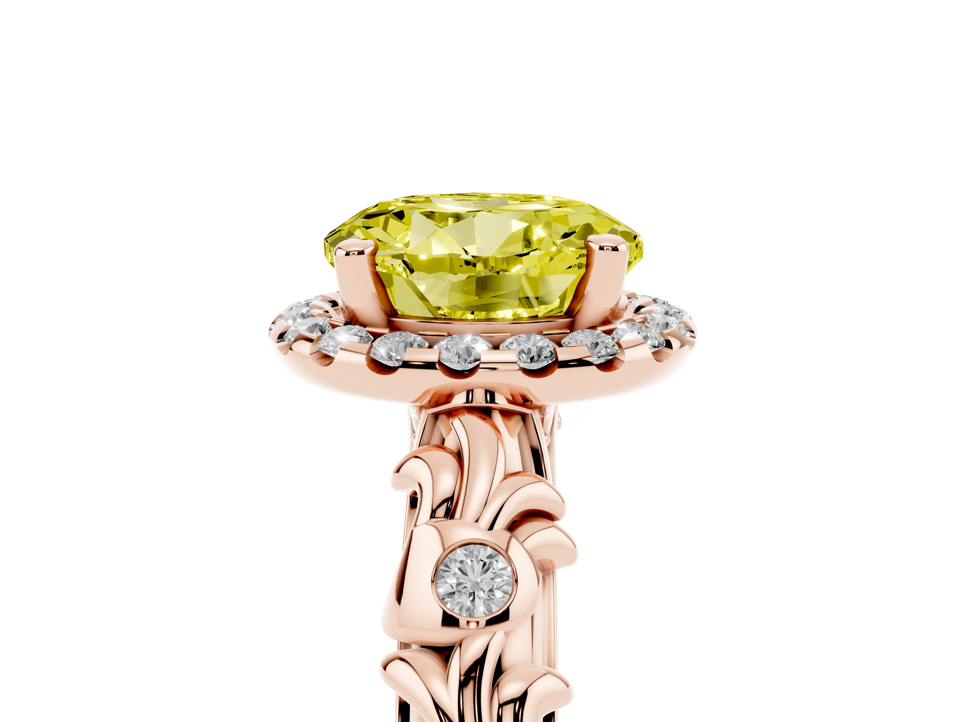 Fancy Yellow Round Cut Diamond Halo Ring Set in Rose gold with Filigree Leaf Band and Prong Setting