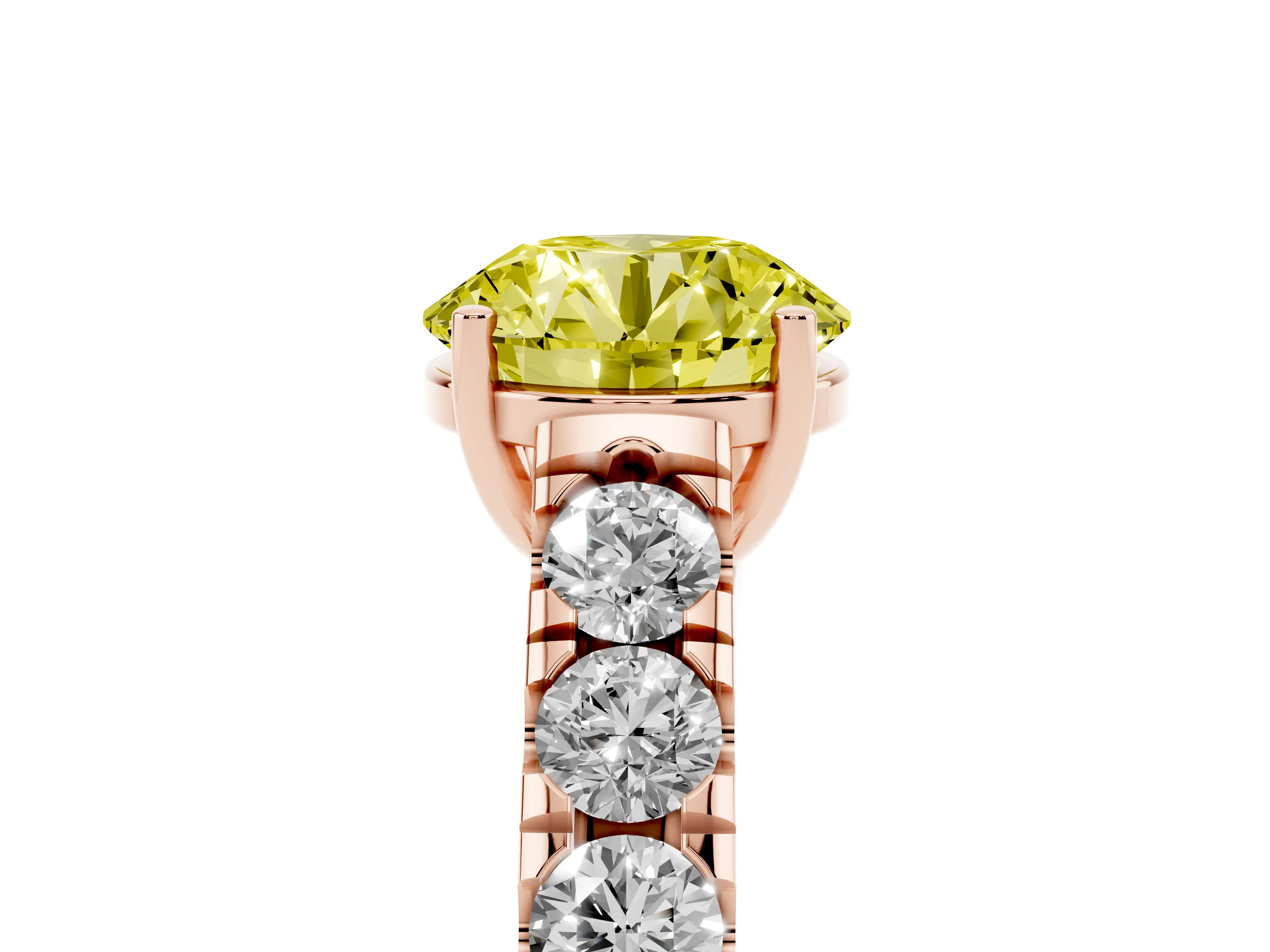 Fancy Yellow Round Cut Diamond Solitaire Ring Set in Rose gold with Cut-Down Micro Pavé Band and Prong Setting