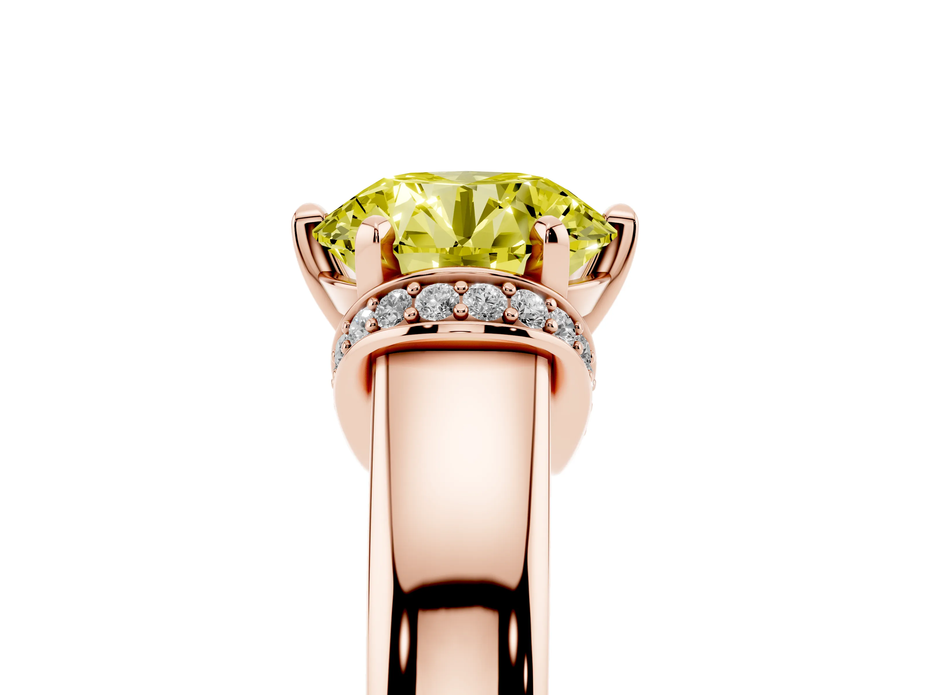 Fancy Yellow Round Cut Diamond Pavé Band Solitaire Ring Set in Rose gold with Prong Setting