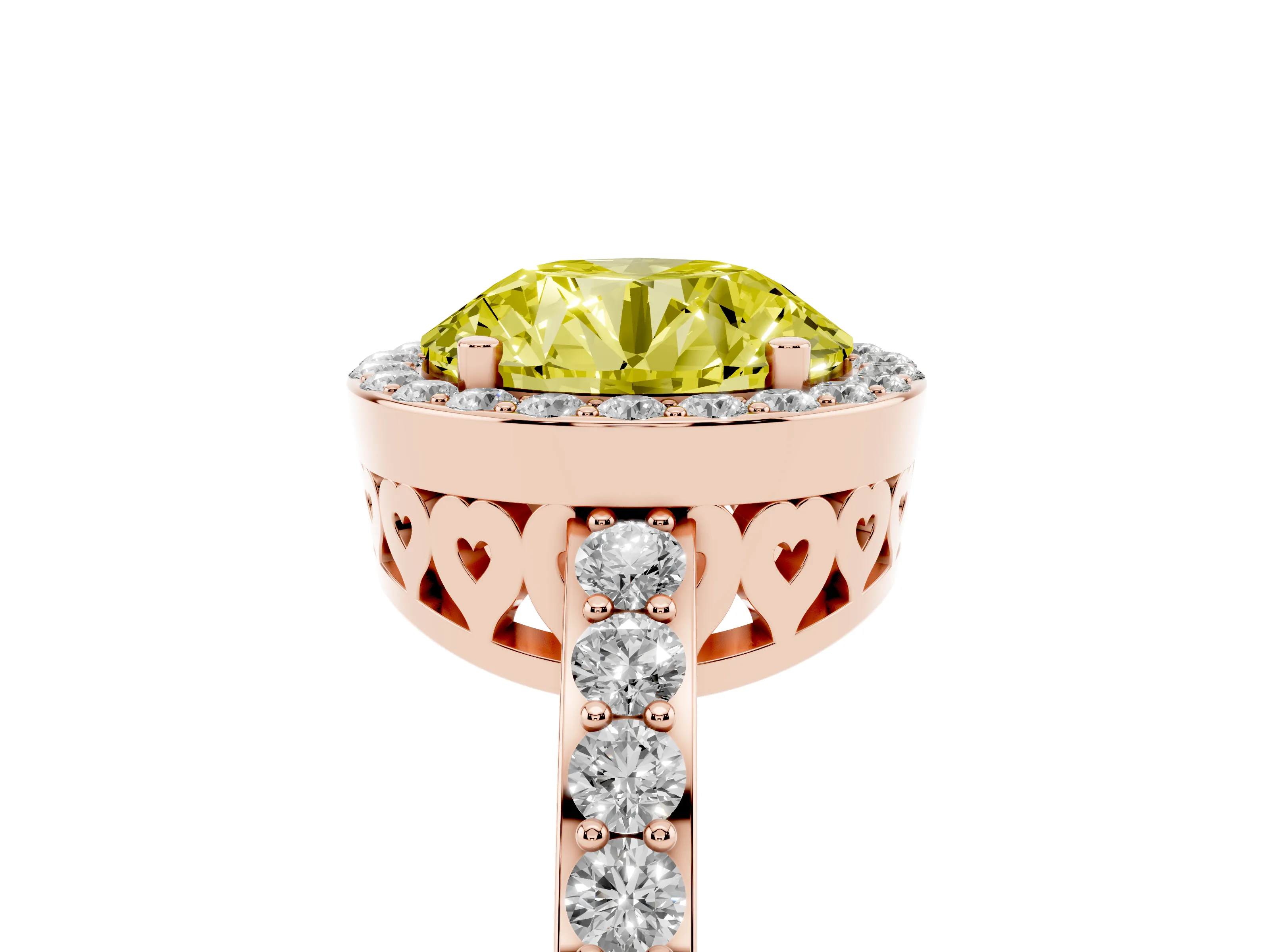 Fancy Yellow Round Cut Diamond Halo Ring Set in Rose gold with Pavé-Setting Band and Open Prong Center
