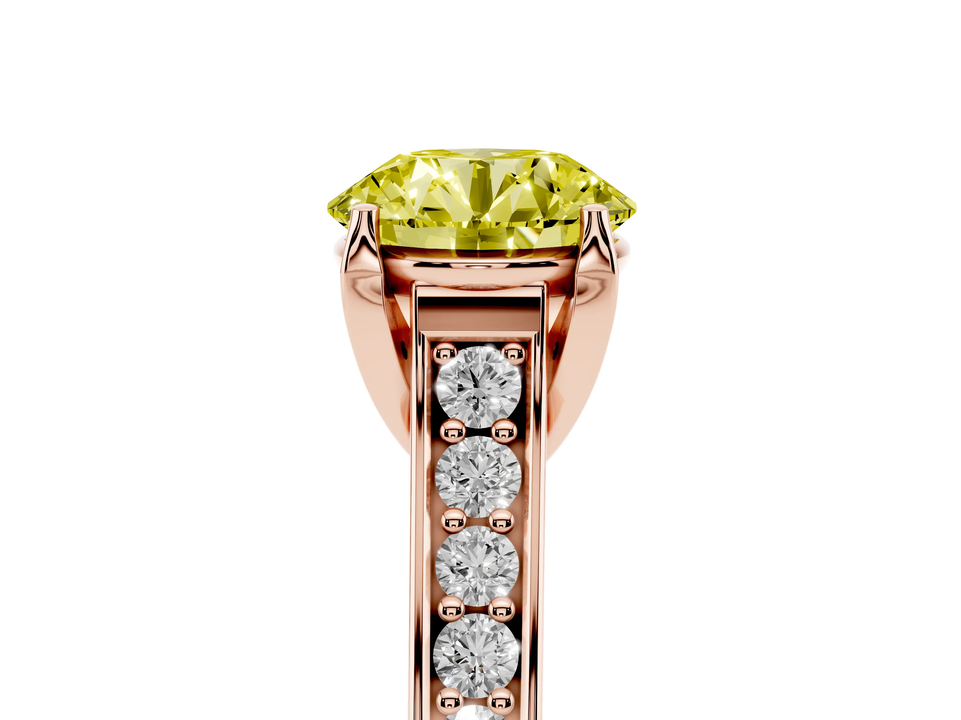 Fancy Yellow Round Cut Diamond Solitaire Pavé Engagement Ring Set in Rose gold with Prong Setting