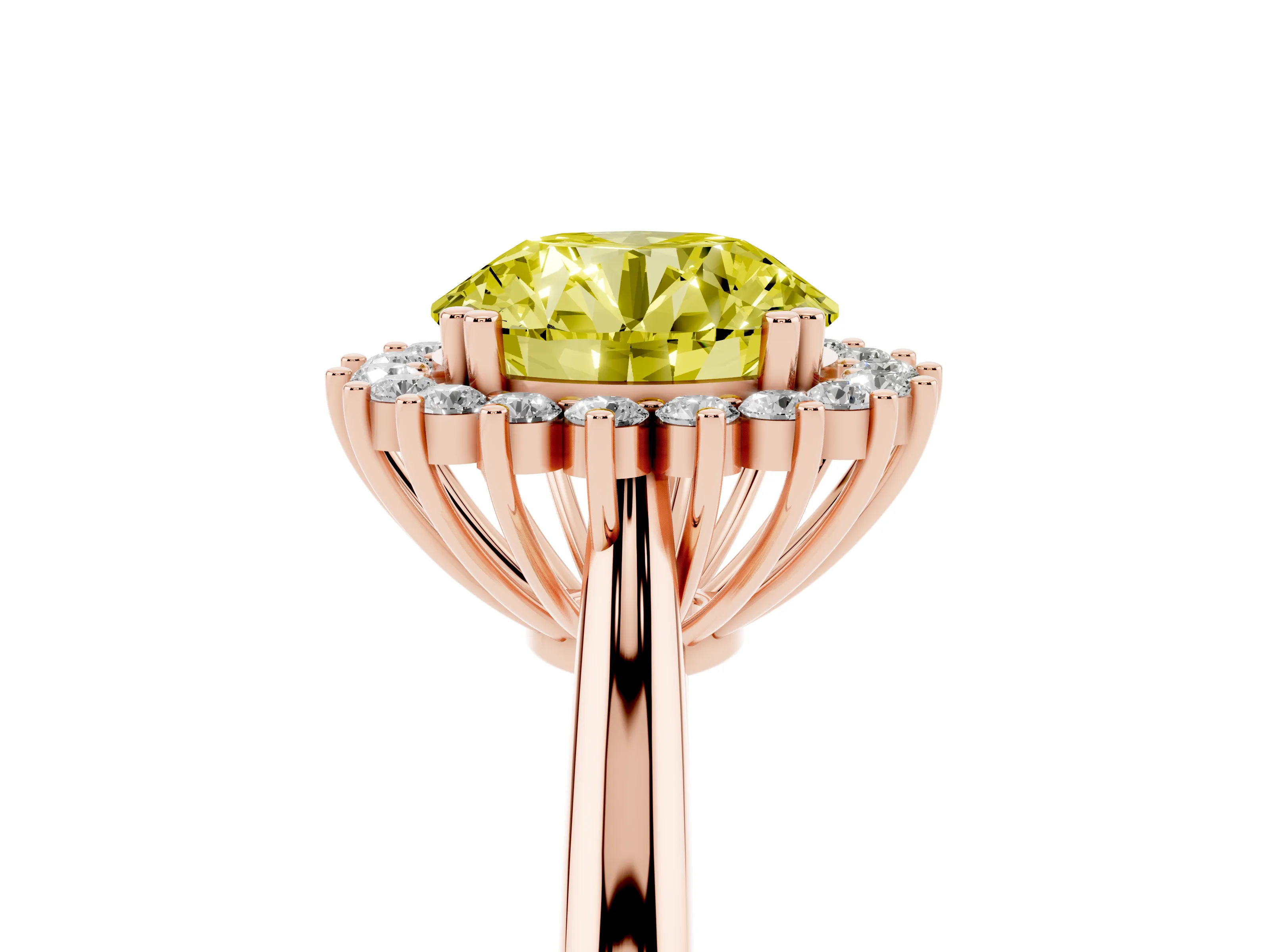 Fancy Yellow Round Cut Diamond Halo Ring Set in Rose gold with Plain Solitaire Band and Prong Setting